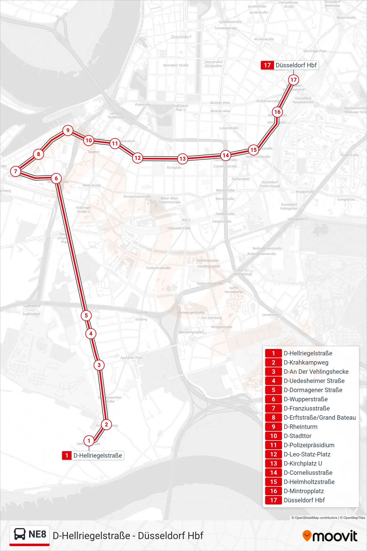 NE8 bus Line (Düsseldorf Hbf) route and stops on a map