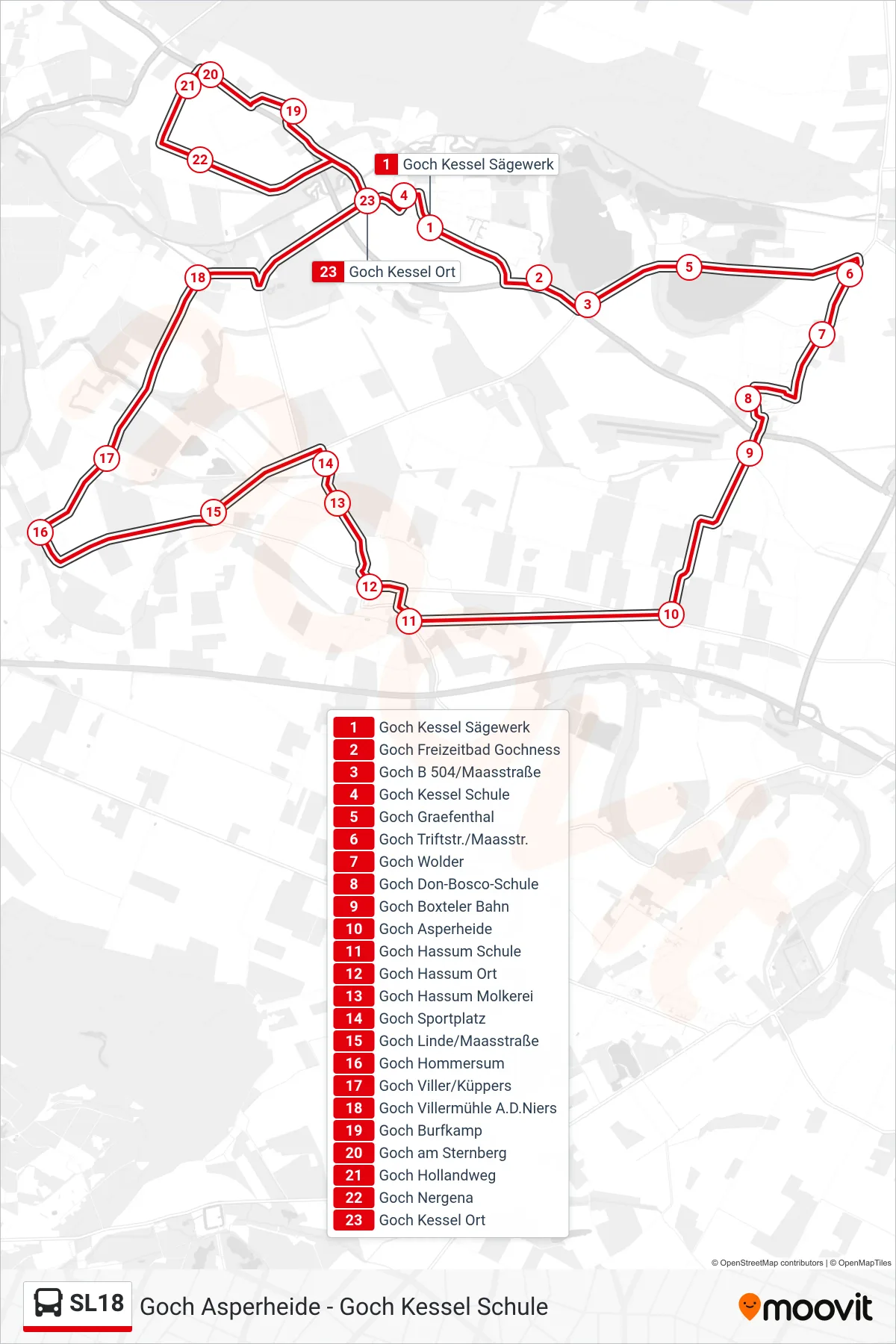 Linie SL18 (Bus) Richtung Goch Kessel Schule: Route und Haltestellen auf der Karte
