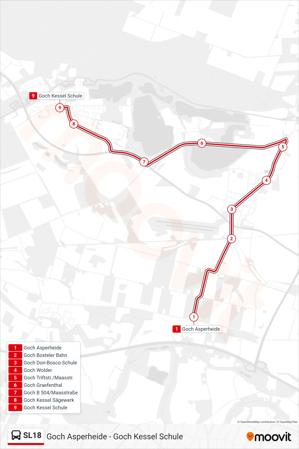 Linie SL18 (Bus) Richtung Goch Kessel Schule: Route und Haltestellen auf der Karte
