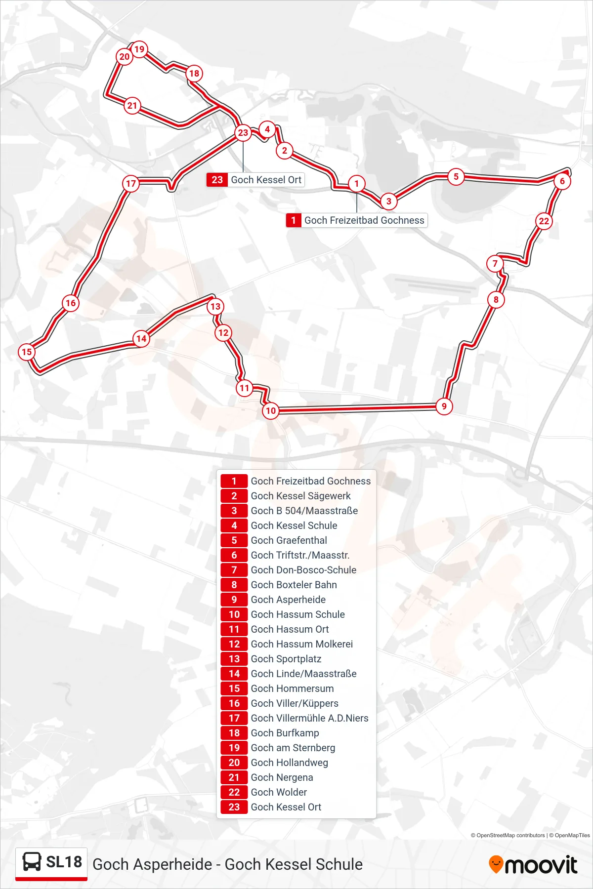 Linie SL18 (Bus) Richtung Goch Wolder: Route und Haltestellen auf der Karte