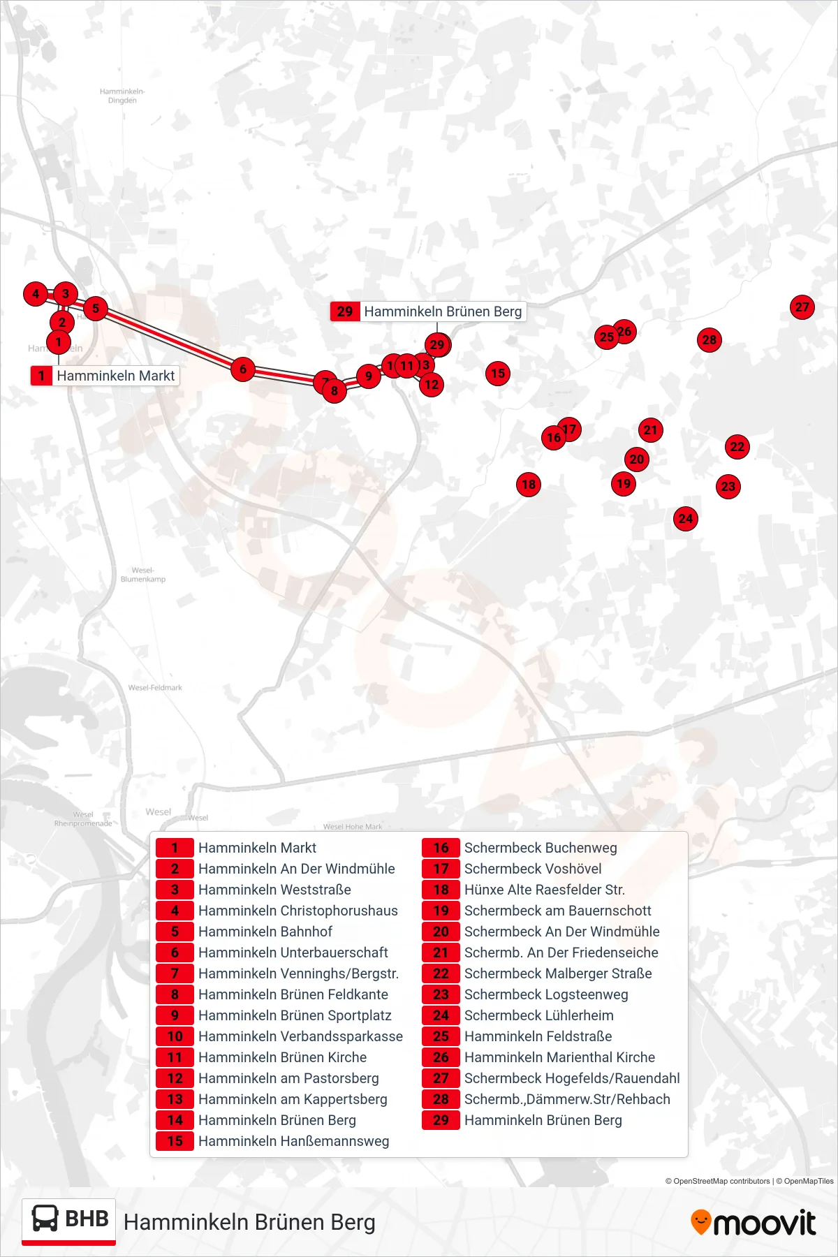Linie BHB (Bus) Richtung Hamminkeln Brünen Berg: Route und Haltestellen auf der Karte