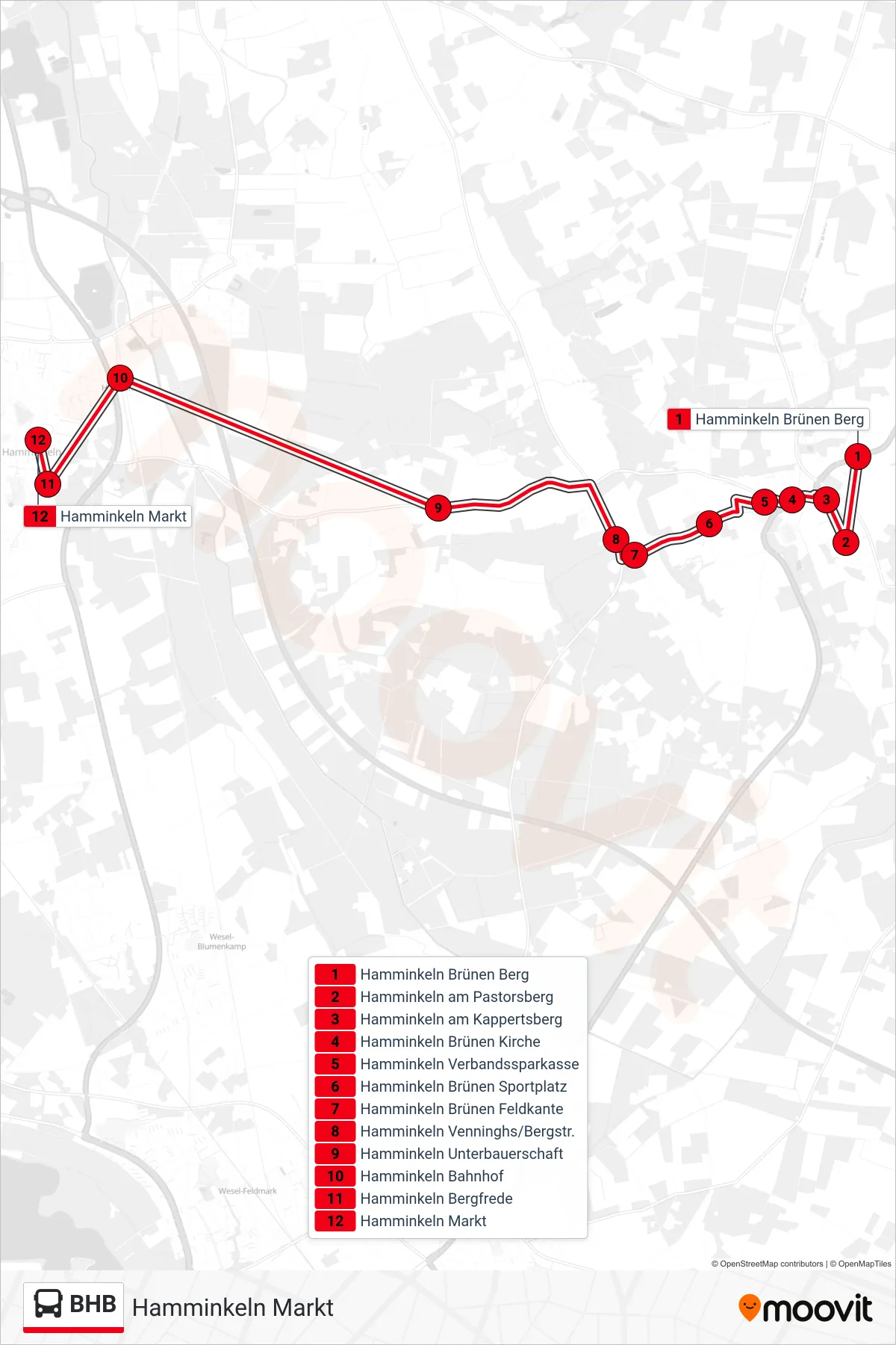 Linie BHB (Bus) Richtung Hamminkeln Markt: Route und Haltestellen auf der Karte