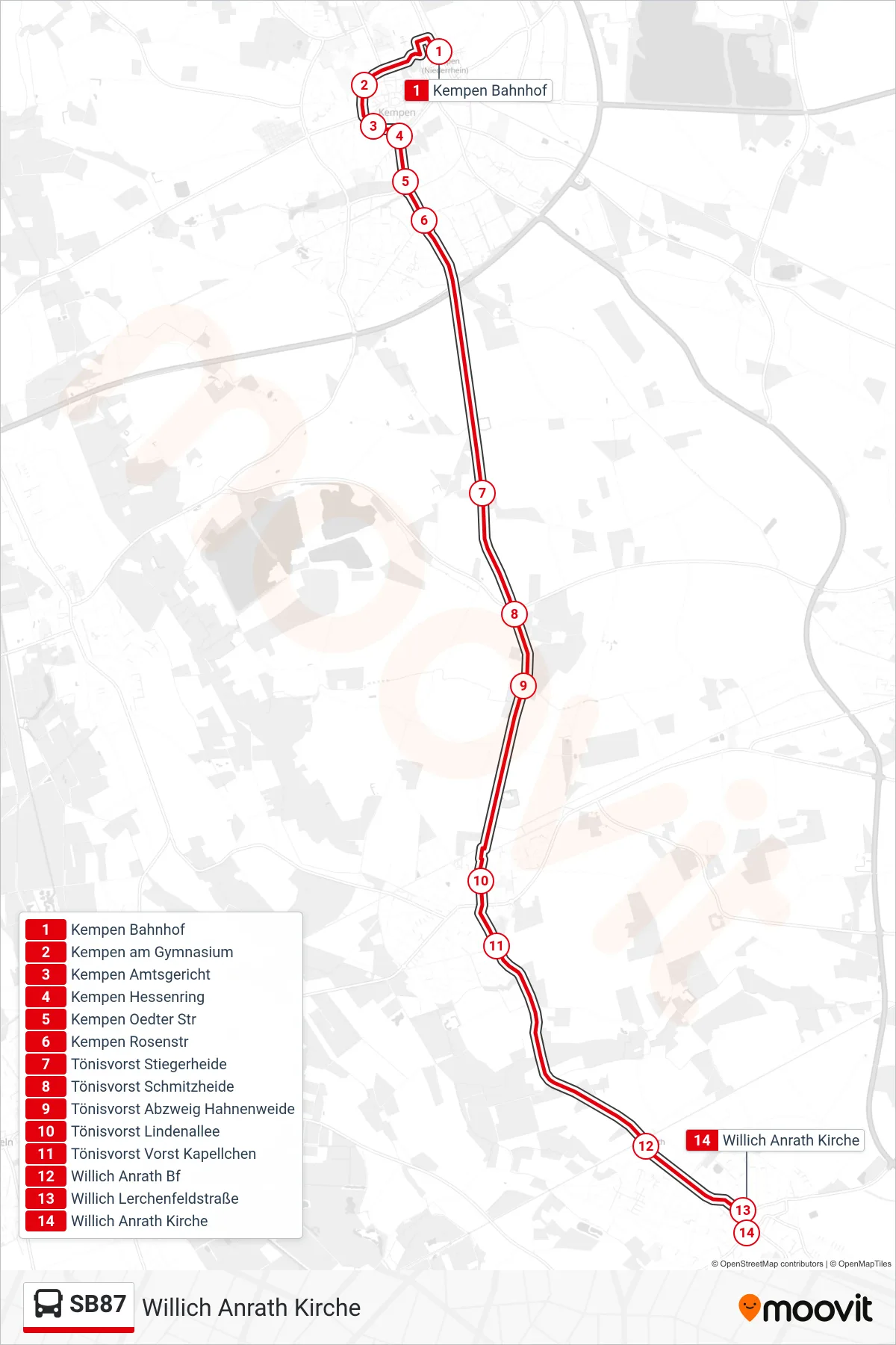 SB87 bus Line (Willich Anrath Kirche) route and stops on a map
