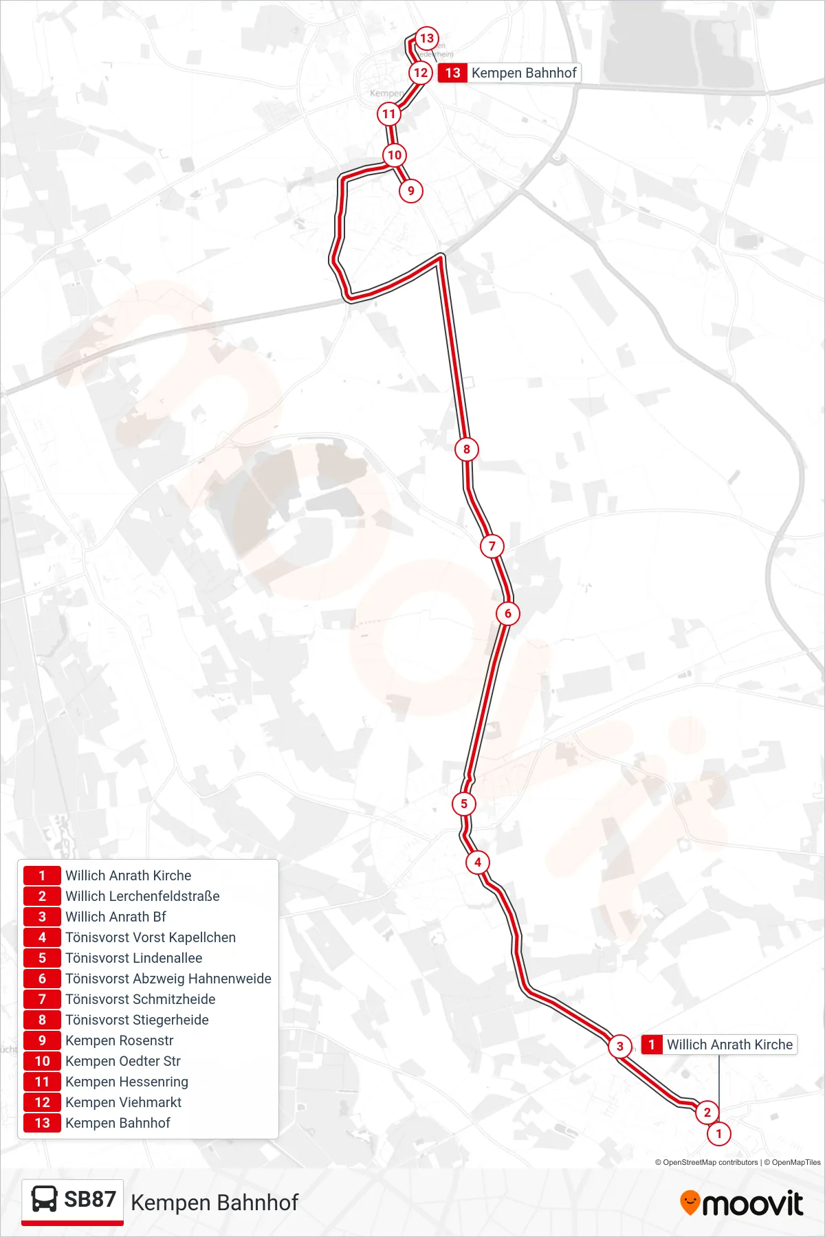 Linie SB87 (Bus) Richtung Kempen Bahnhof: Route und Haltestellen auf der Karte