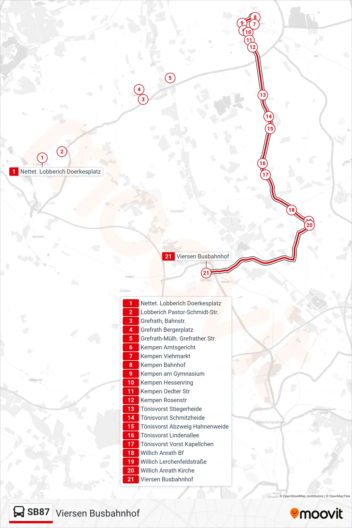 SB87 bus Line (Viersen Busbahnhof) route and stops on a map