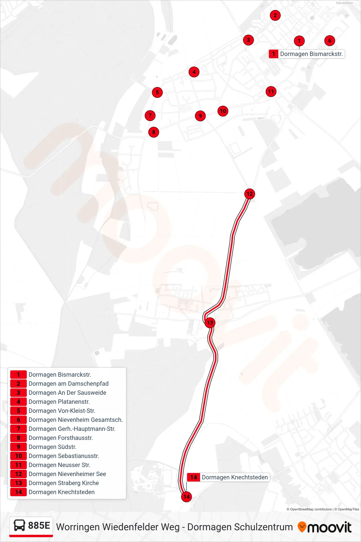 885E bus Line (Dormagen Knechtsteden) route and stops on a map