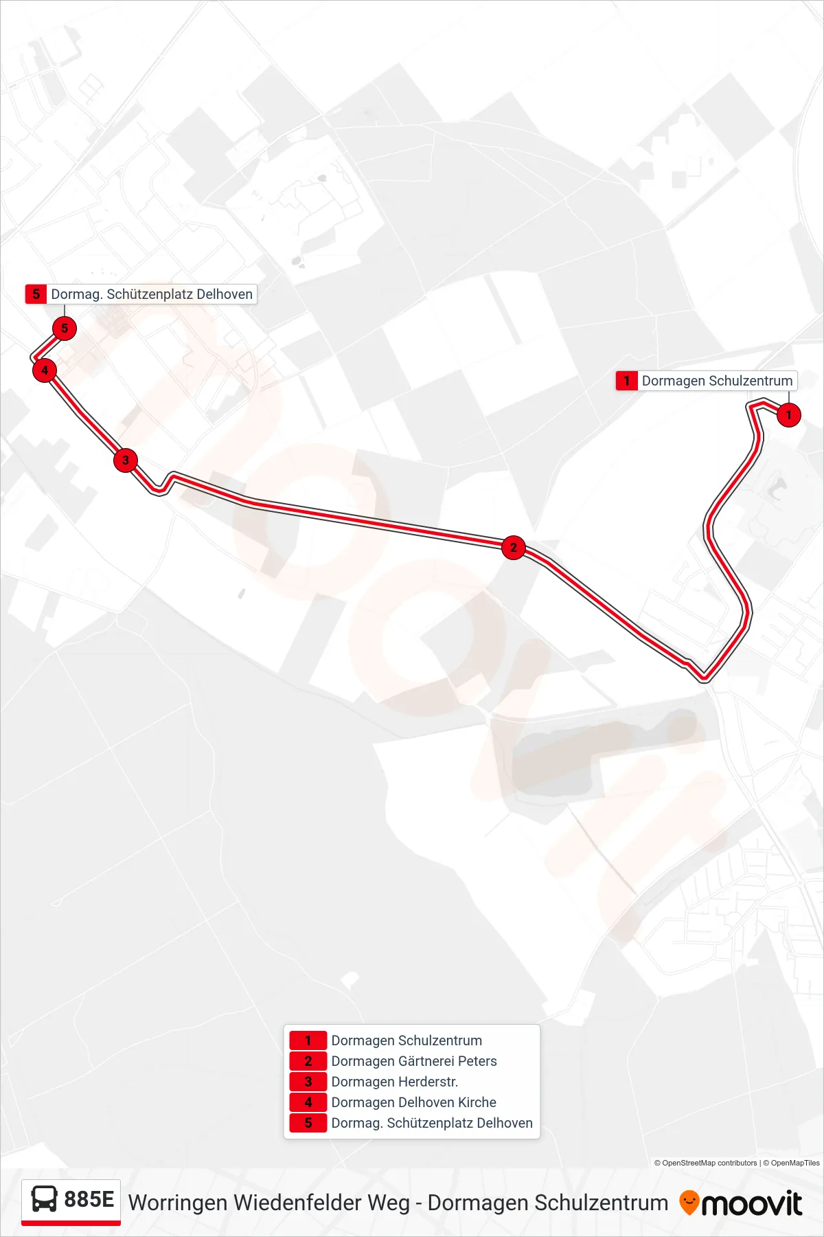 Linie 885E (Bus) Richtung Dormag. Schützenplatz Delhoven: Route und Haltestellen auf der Karte