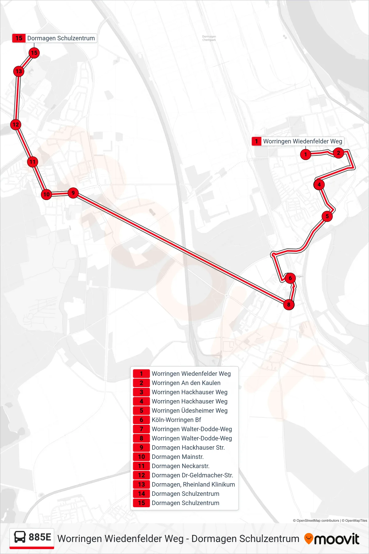 885E bus Line (Dormagen Schulzentrum) route and stops on a map