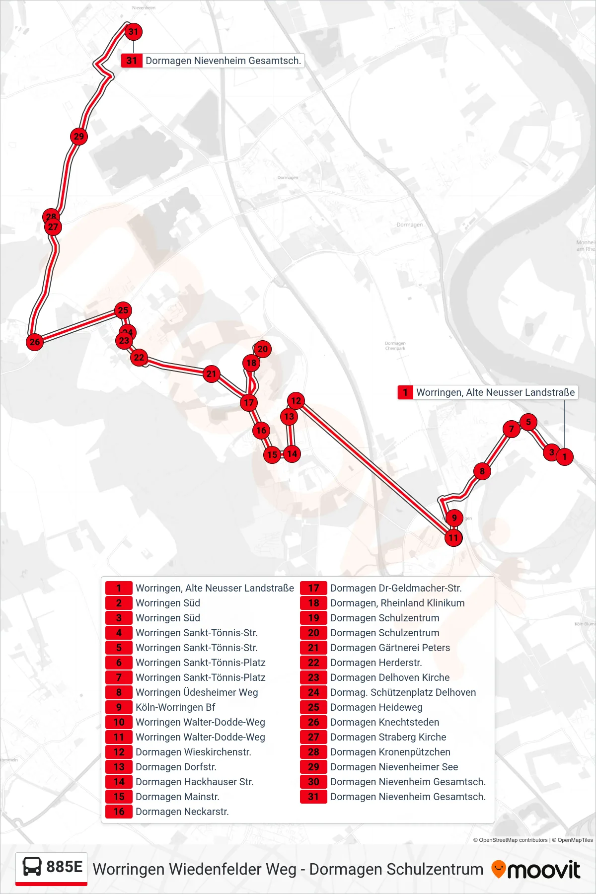 885E bus Line (Dormagen Nievenheim Gesamtsch.) route and stops on a map