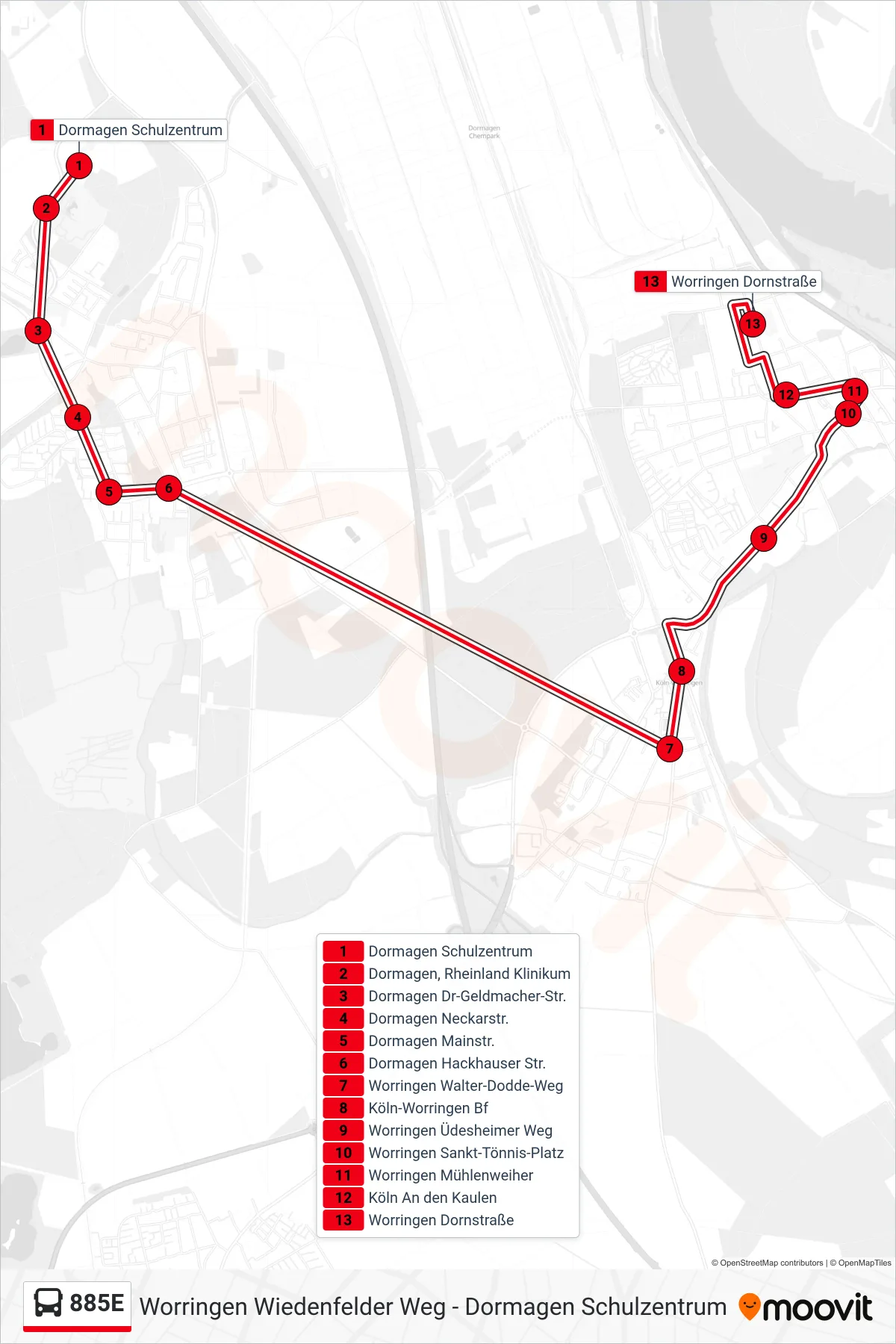 885E bus Line (Worringen Dornstraße) route and stops on a map