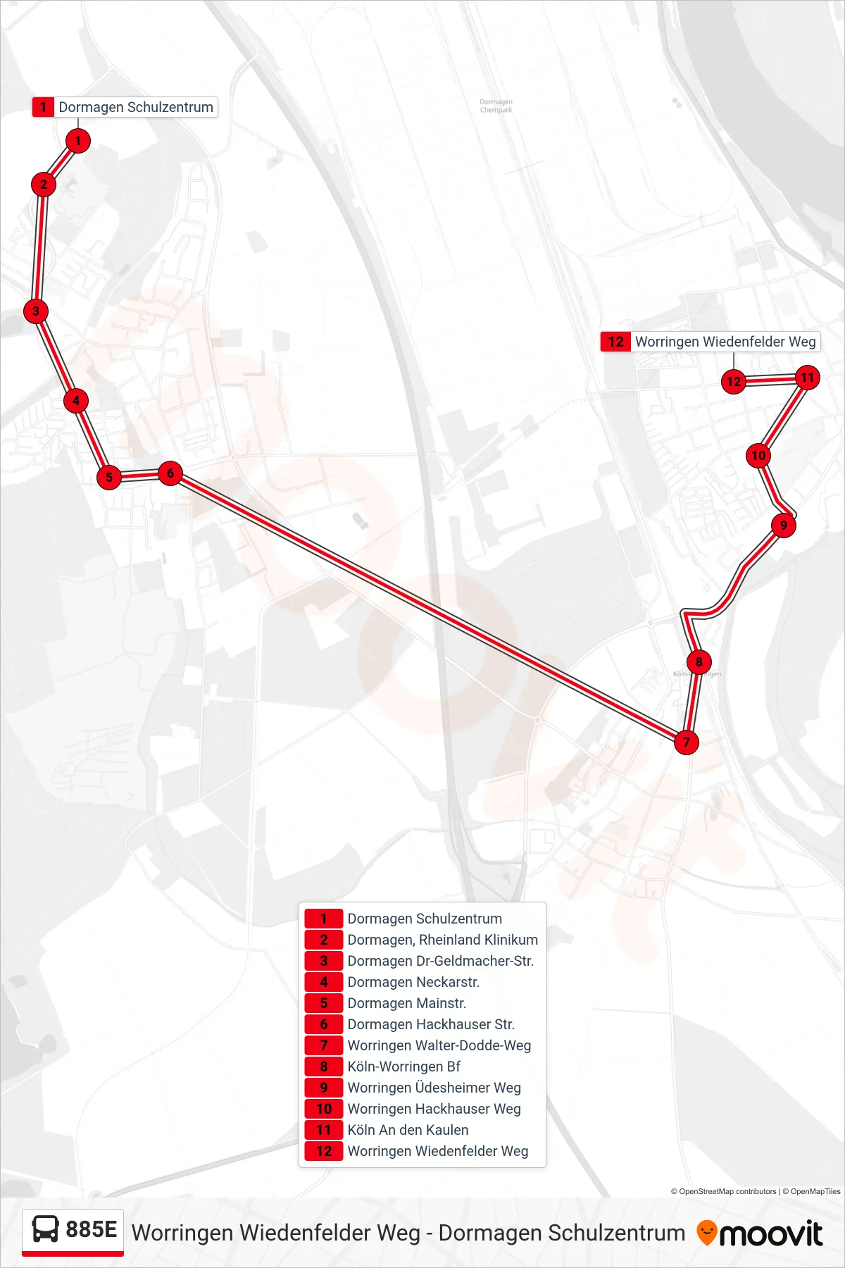 885E bus Line (Worringen Wiedenfelder Weg) route and stops on a map