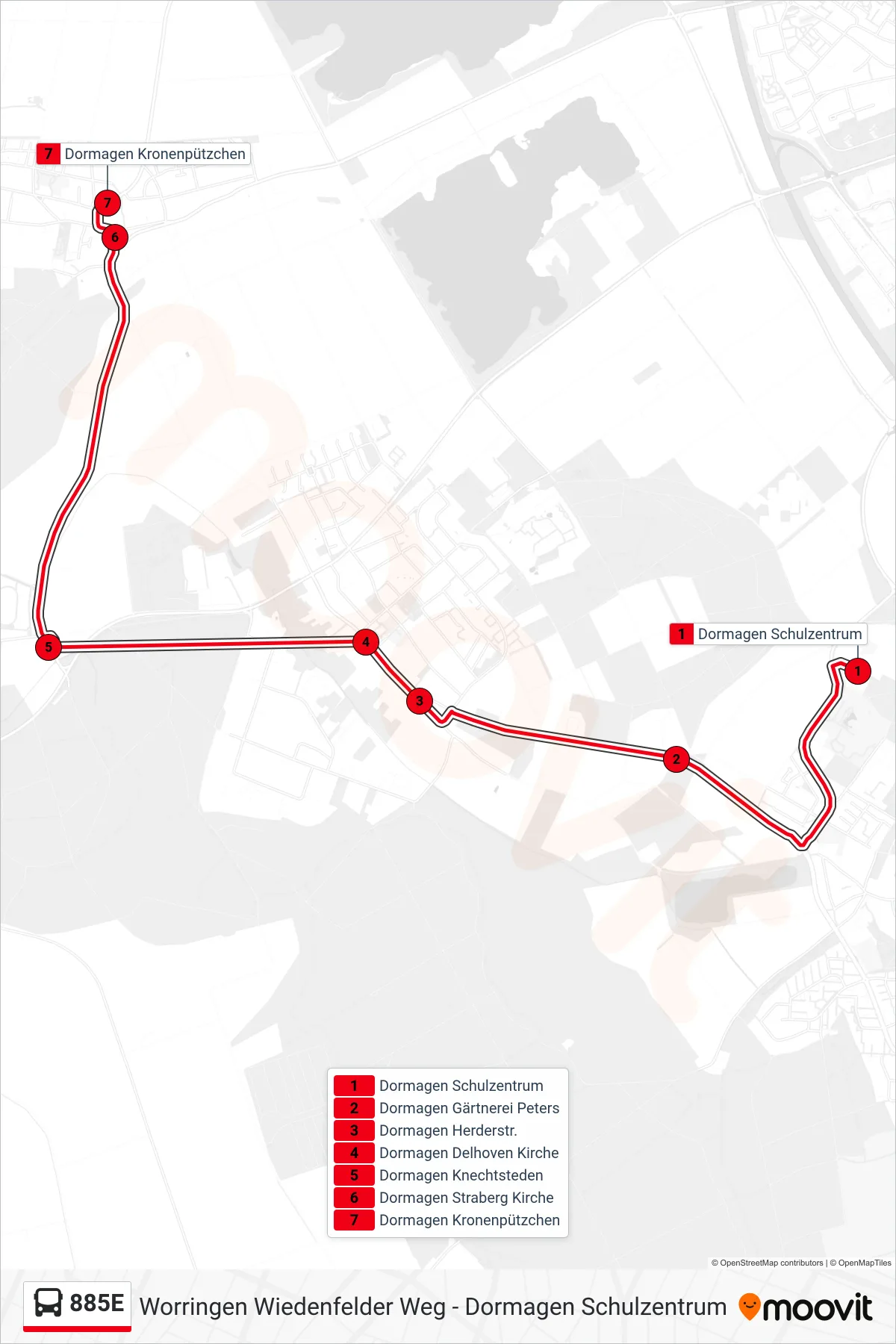 Linie 885E (Bus) Richtung Dormagen Kronenpützchen: Route und Haltestellen auf der Karte
