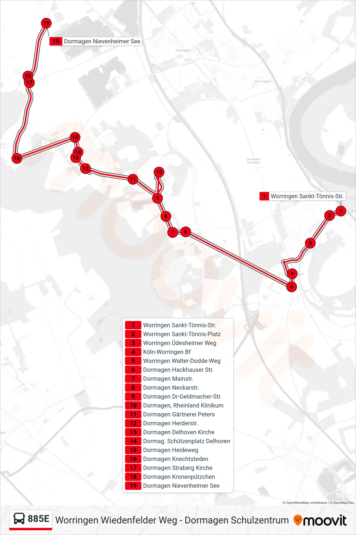 Linie 885E (Bus) Richtung Dormagen Nievenheimer See: Route und Haltestellen auf der Karte