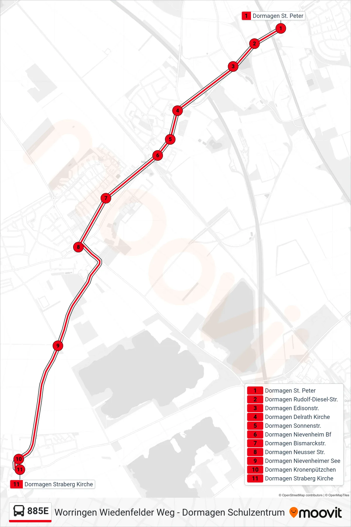 Linie 885E (Bus) Richtung Dormagen Straberg Kirche: Route und Haltestellen auf der Karte