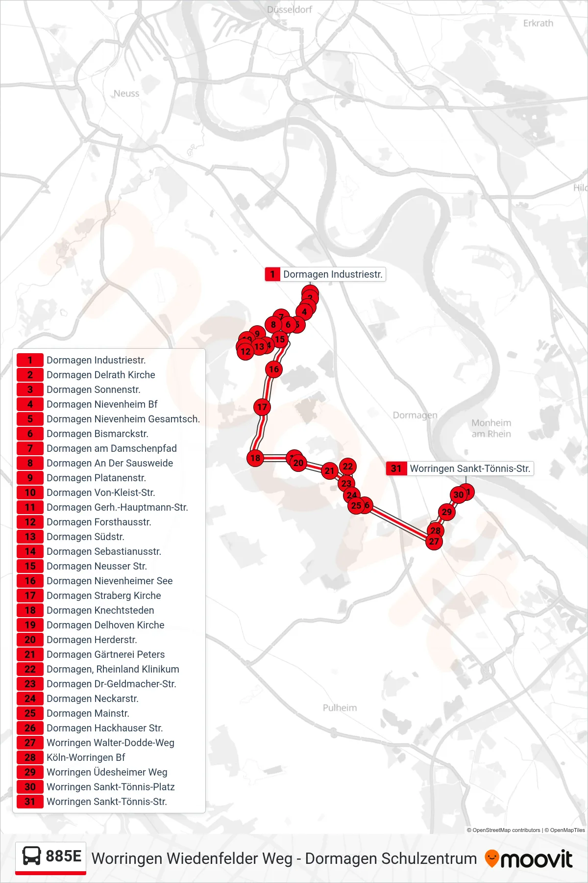 885E bus Line (Worringen Sankt-Tönnis-Str.) route and stops on a map