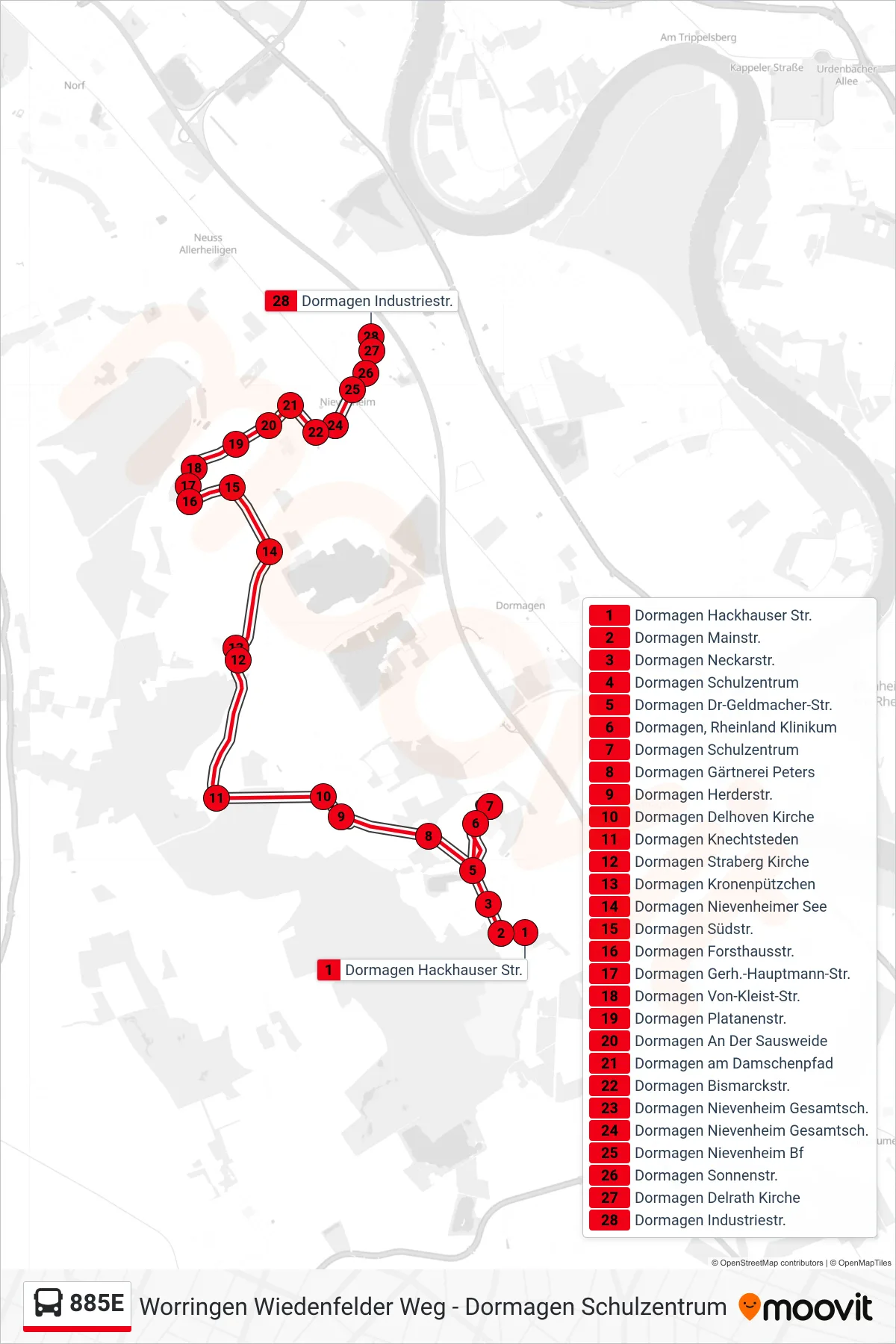Linie 885E (Bus) Richtung Dormagen Industriestr.: Route und Haltestellen auf der Karte