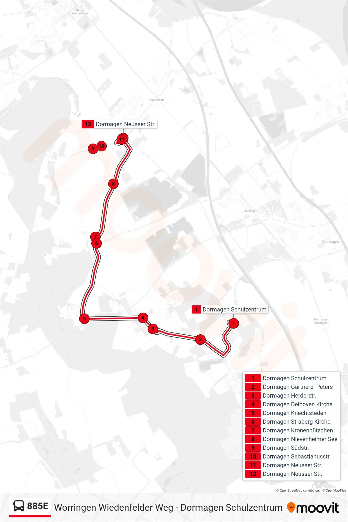 Linie 885E (Bus) Richtung Dormagen Neusser Str.: Route und Haltestellen auf der Karte