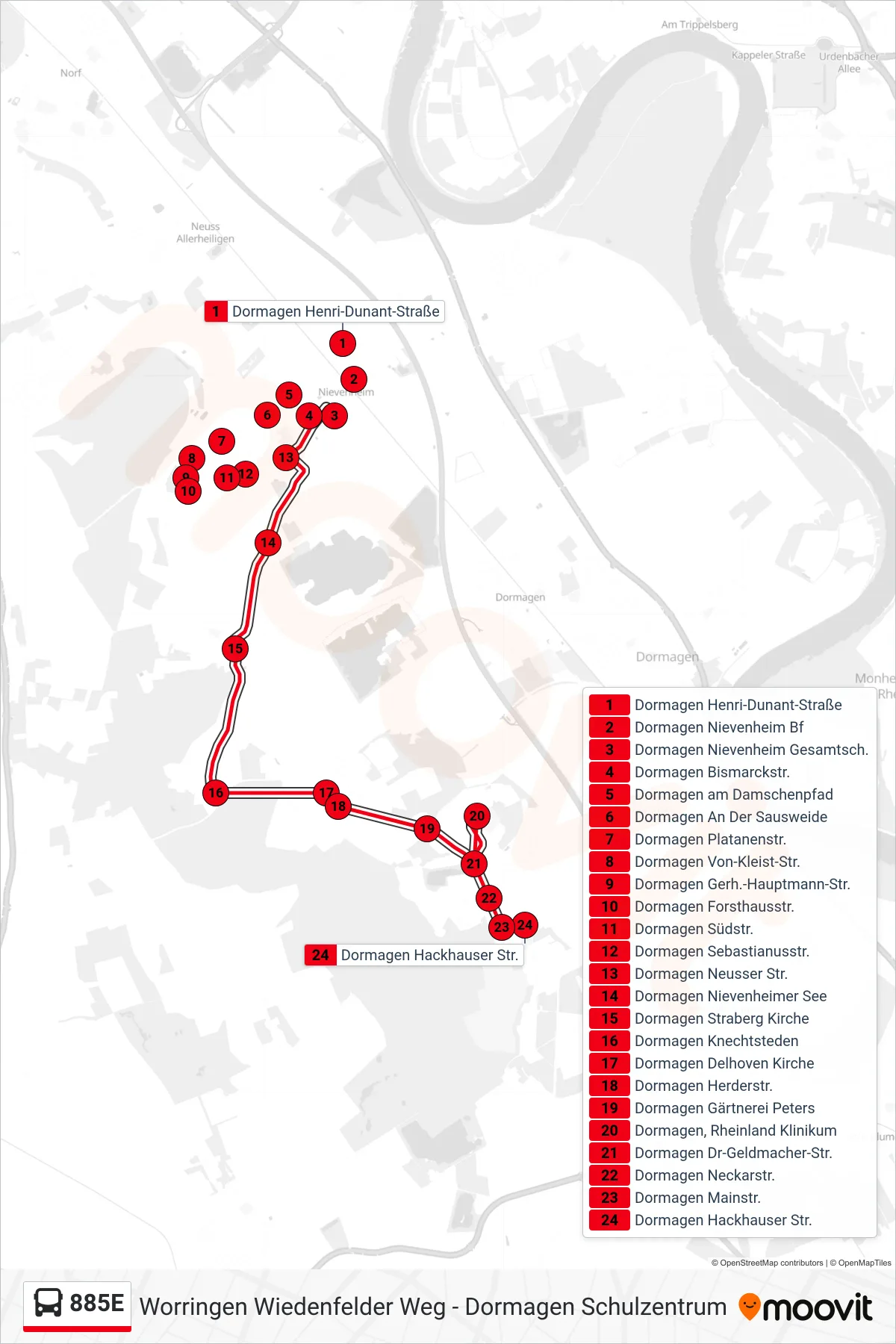 Linie 885E (Bus) Richtung Dormagen Hackhauser Str.: Route und Haltestellen auf der Karte