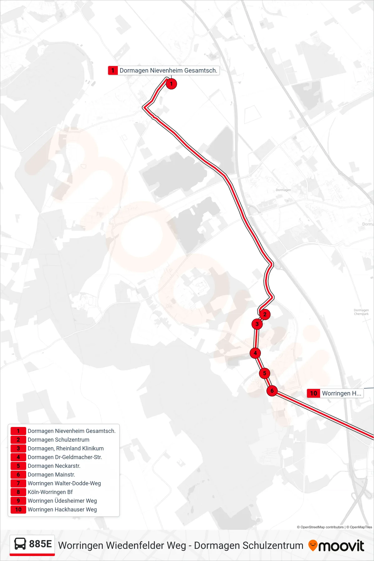 Linie 885E (Bus) Richtung Worringen Hackhauser Weg: Route und Haltestellen auf der Karte