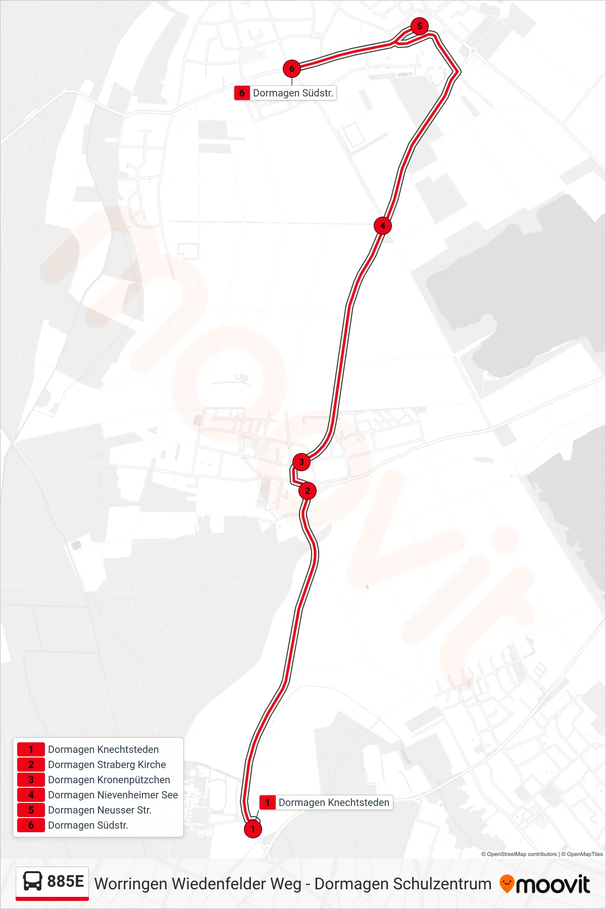 885E bus Line (Dormagen Südstr.) route and stops on a map