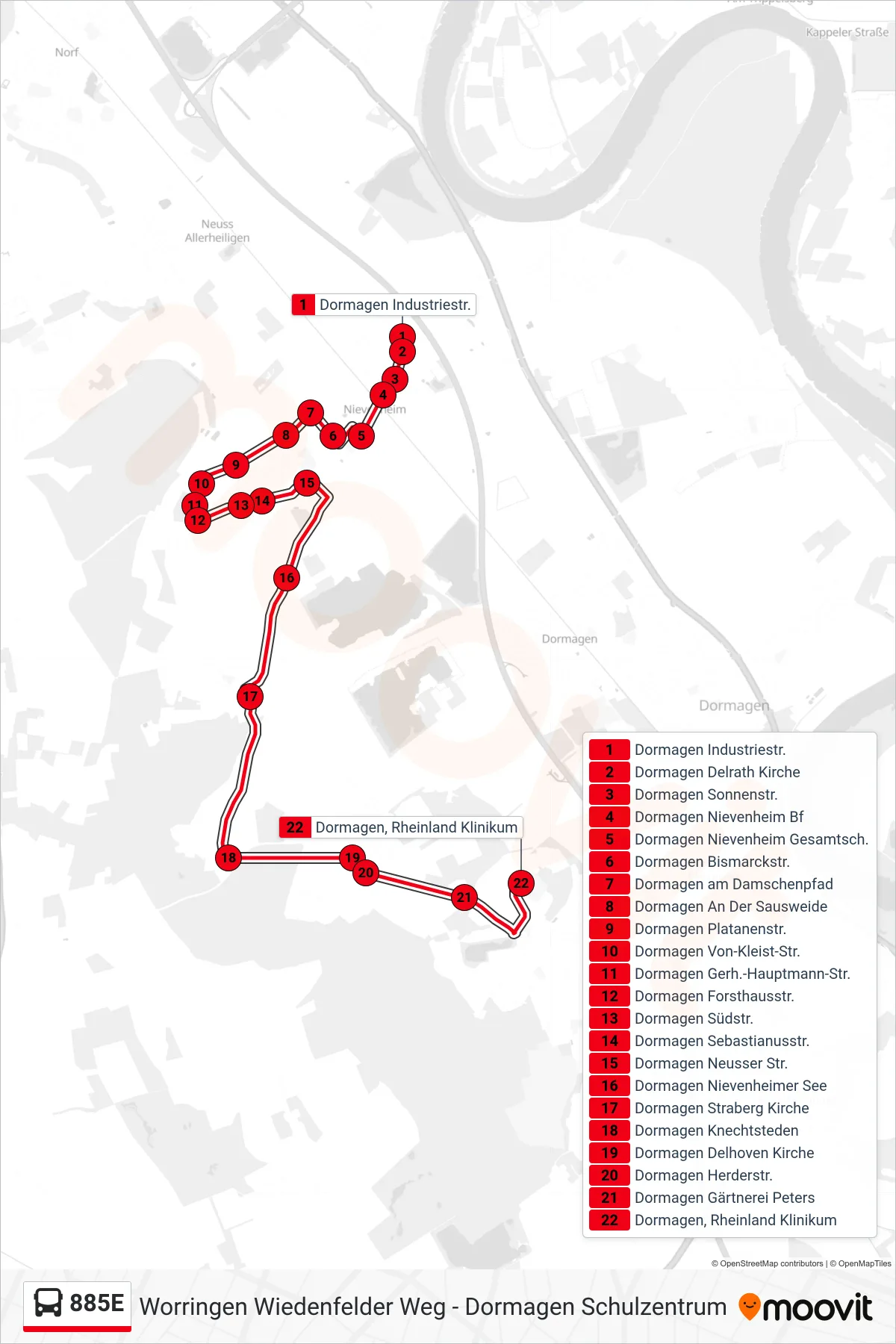 885E bus Line (Dormagen, Rheinland Klinikum) route and stops on a map