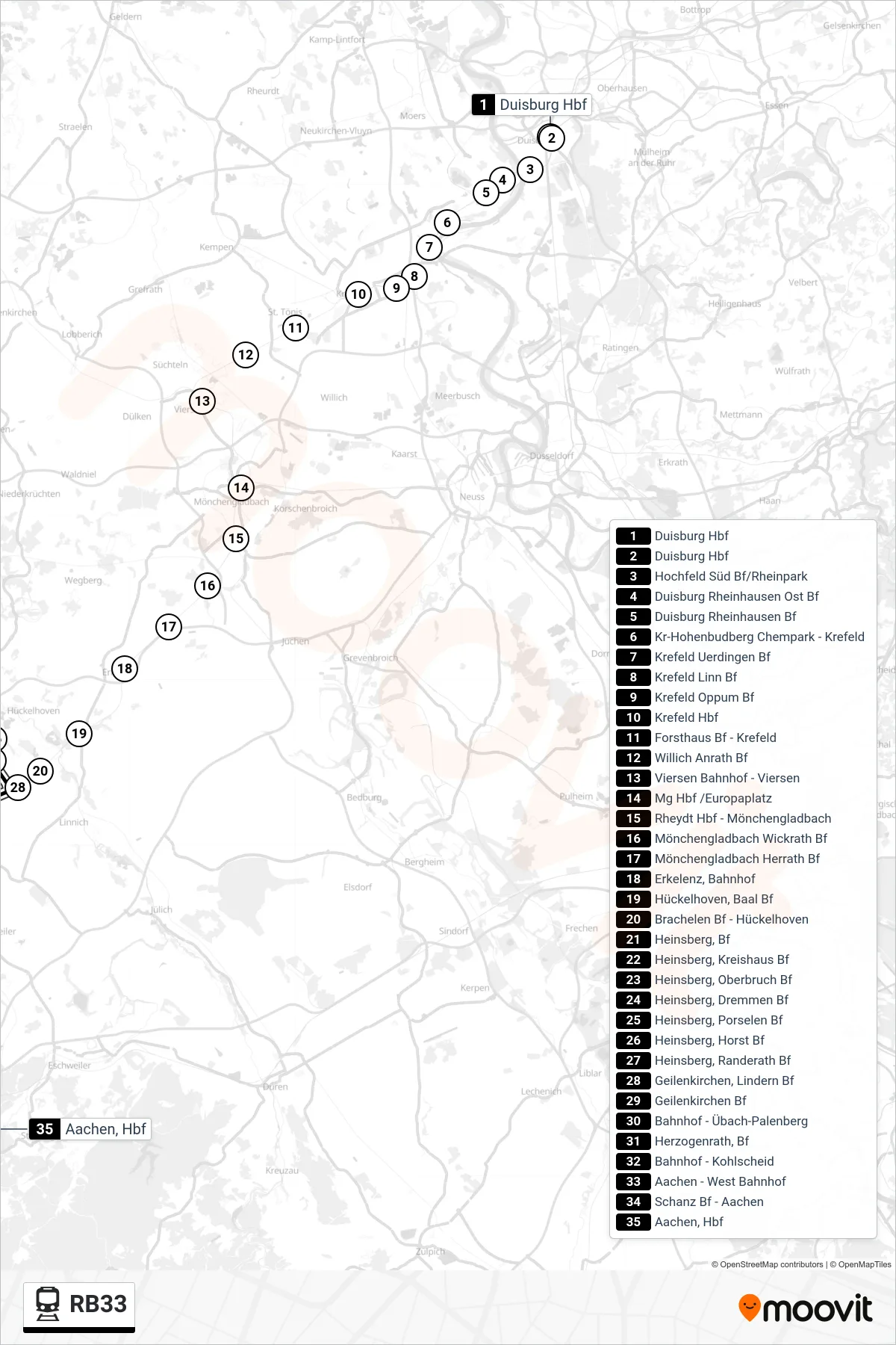Linie RB33 (Bahn) Richtung Duisburg: Route und Haltestellen auf der Karte
