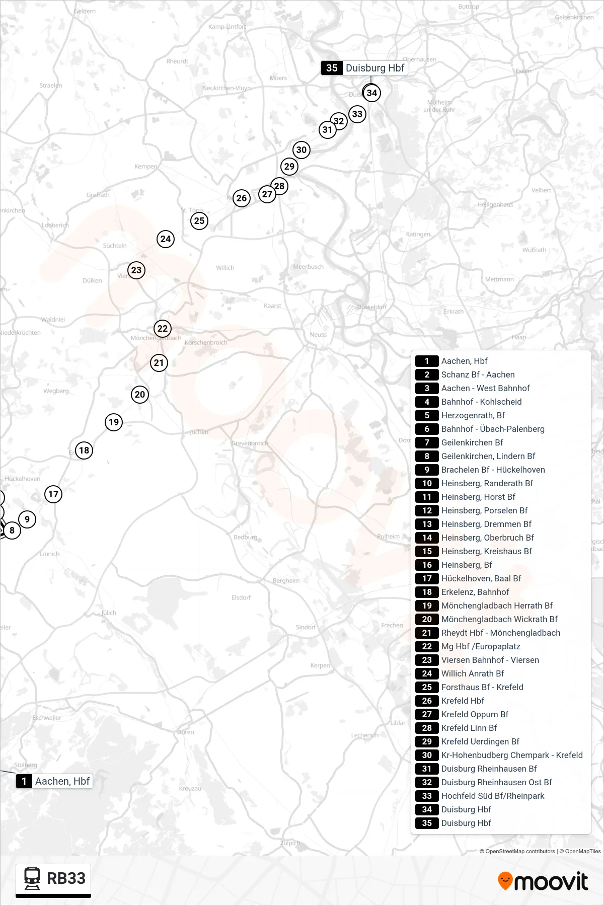 Linie RB33 (Bahn) Richtung Aachen: Route und Haltestellen auf der Karte