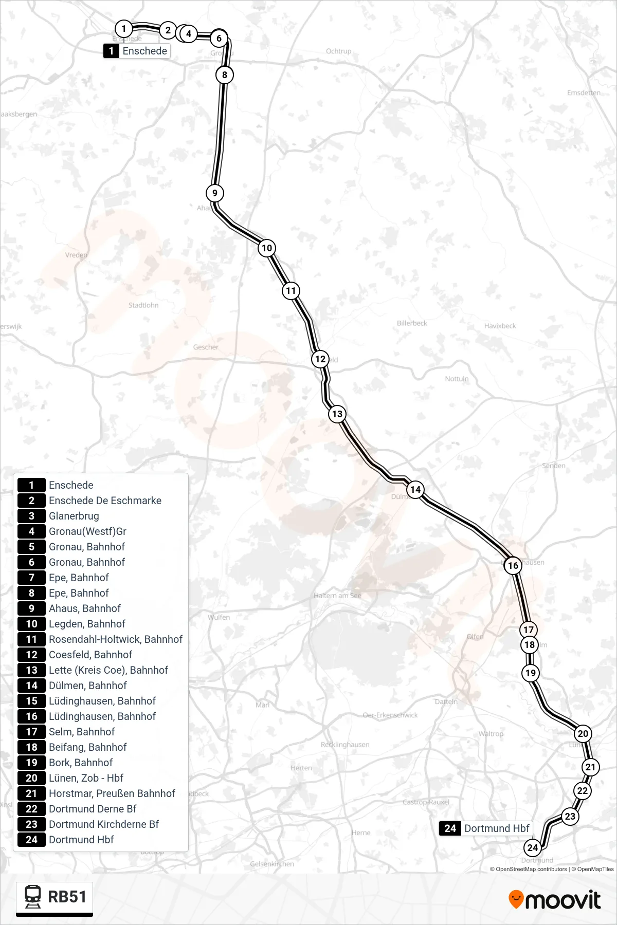 Linie RB51 (Bahn) Richtung Enschede: Route und Haltestellen auf der Karte
