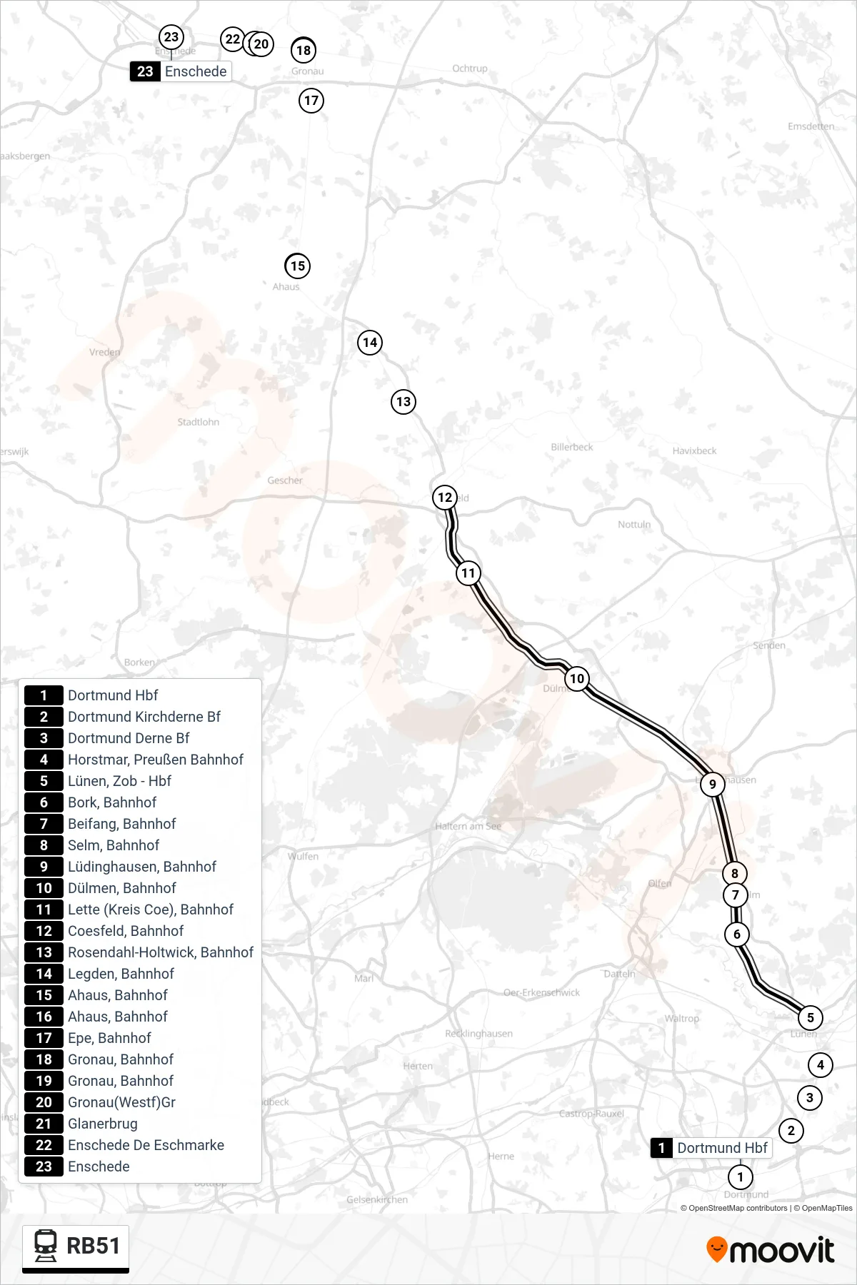 RB51 train Line (Dortmund) route and stops on a map