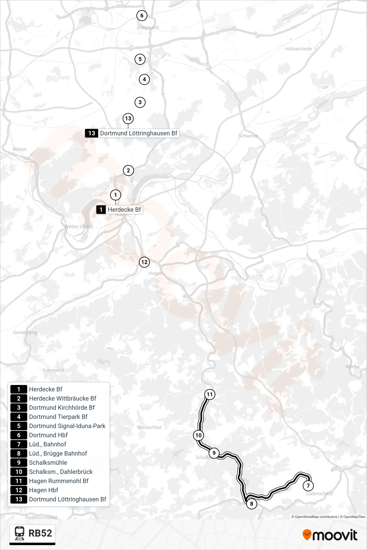 Linie RB52 (Bahn) Richtung Dortmund: Route und Haltestellen auf der Karte