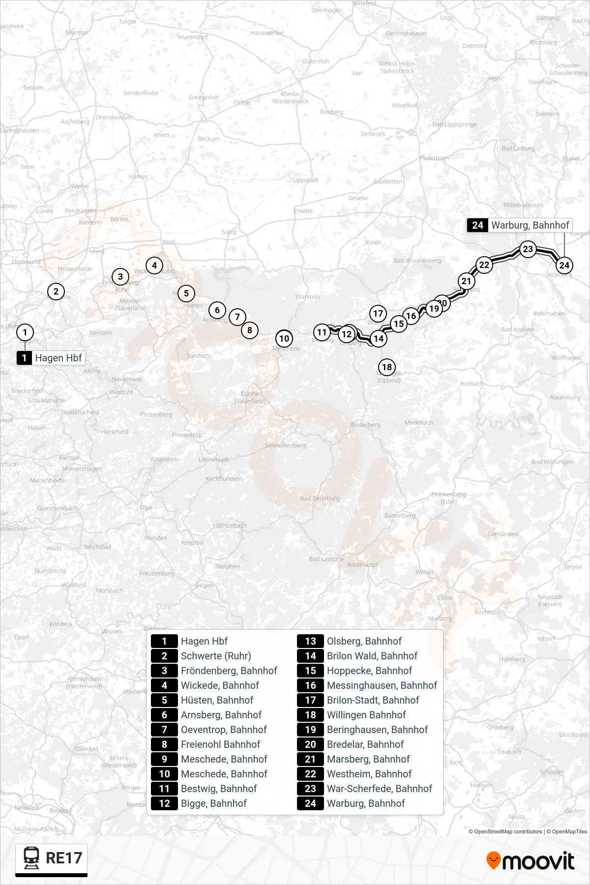 RE17 rail Line (Kassel) route and stops on a map