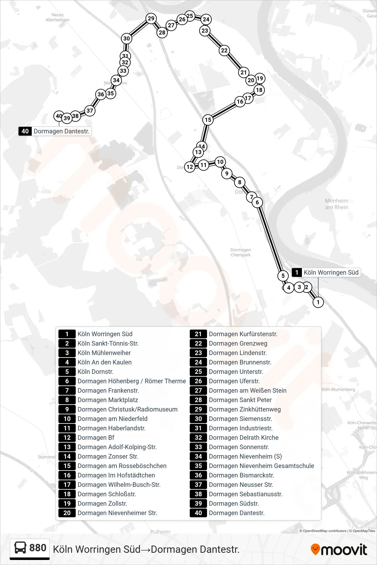 Linie 880 (Bus) Richtung Köln Worringen Süd→Dormagen Dantestr.: Route und Haltestellen auf der Karte