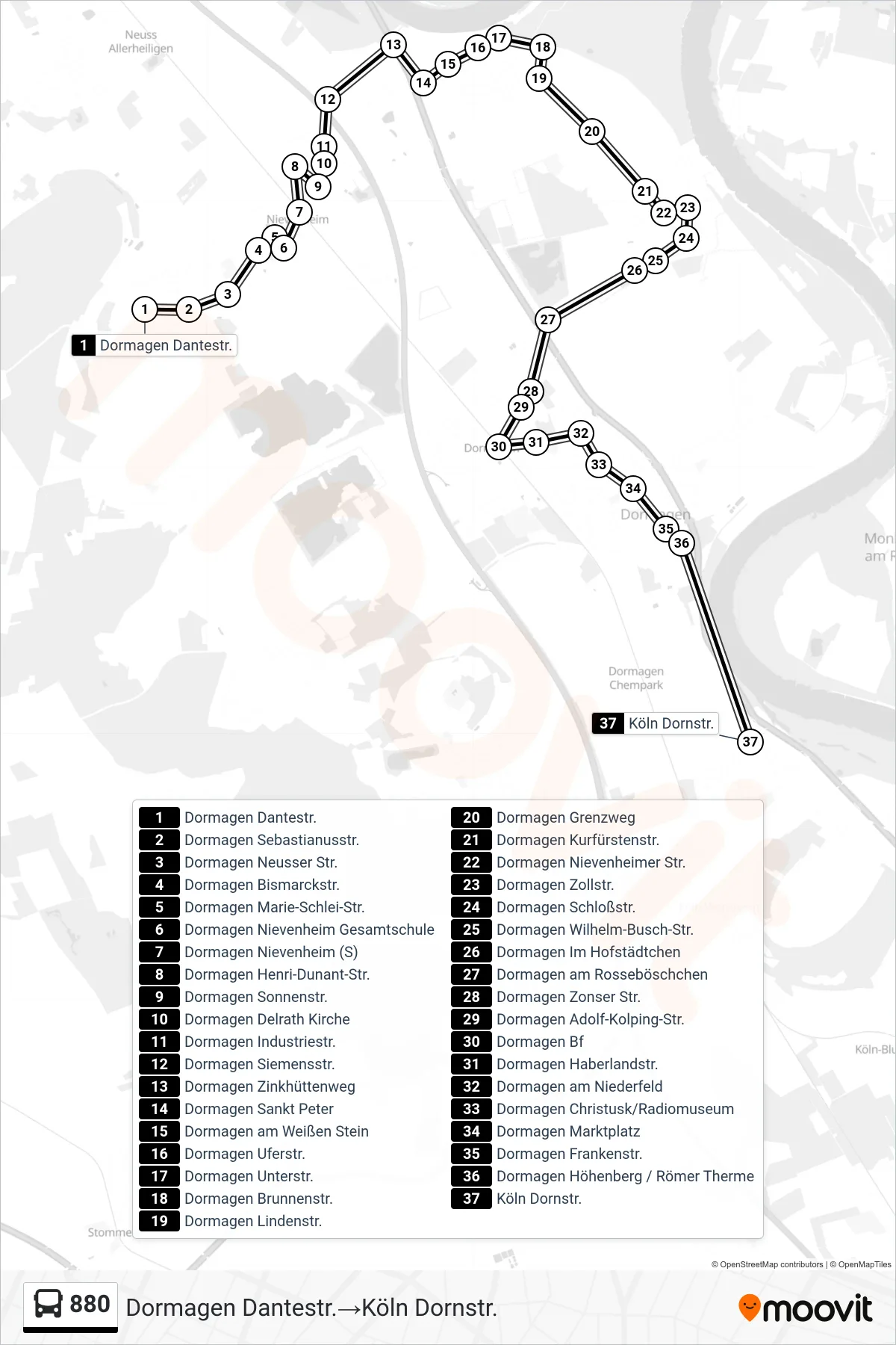Linie 880 (Bus) Richtung Dormagen Dantestr.→Köln Dornstr.: Route und Haltestellen auf der Karte