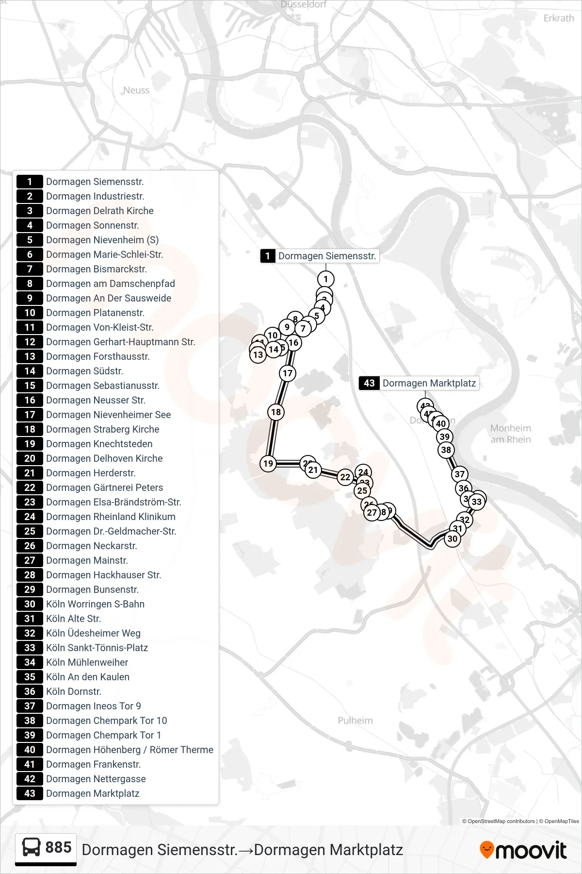 Linie 885 (Bus) Richtung Dormagen Siemensstr.→Dormagen Marktplatz: Route und Haltestellen auf der Karte