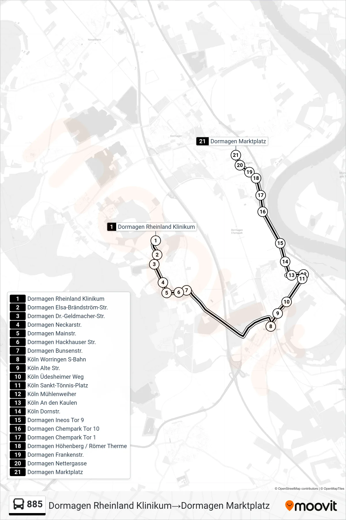 885 bus Line (Dormagen Rheinland Klinikum‎→Dormagen Marktplatz) route and stops on a map