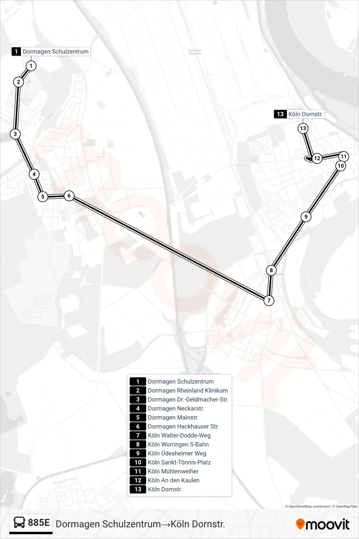 Linie 885E (Bus) Richtung Dormagen Schulzentrum‎→Köln Dornstr.: Route und Haltestellen auf der Karte