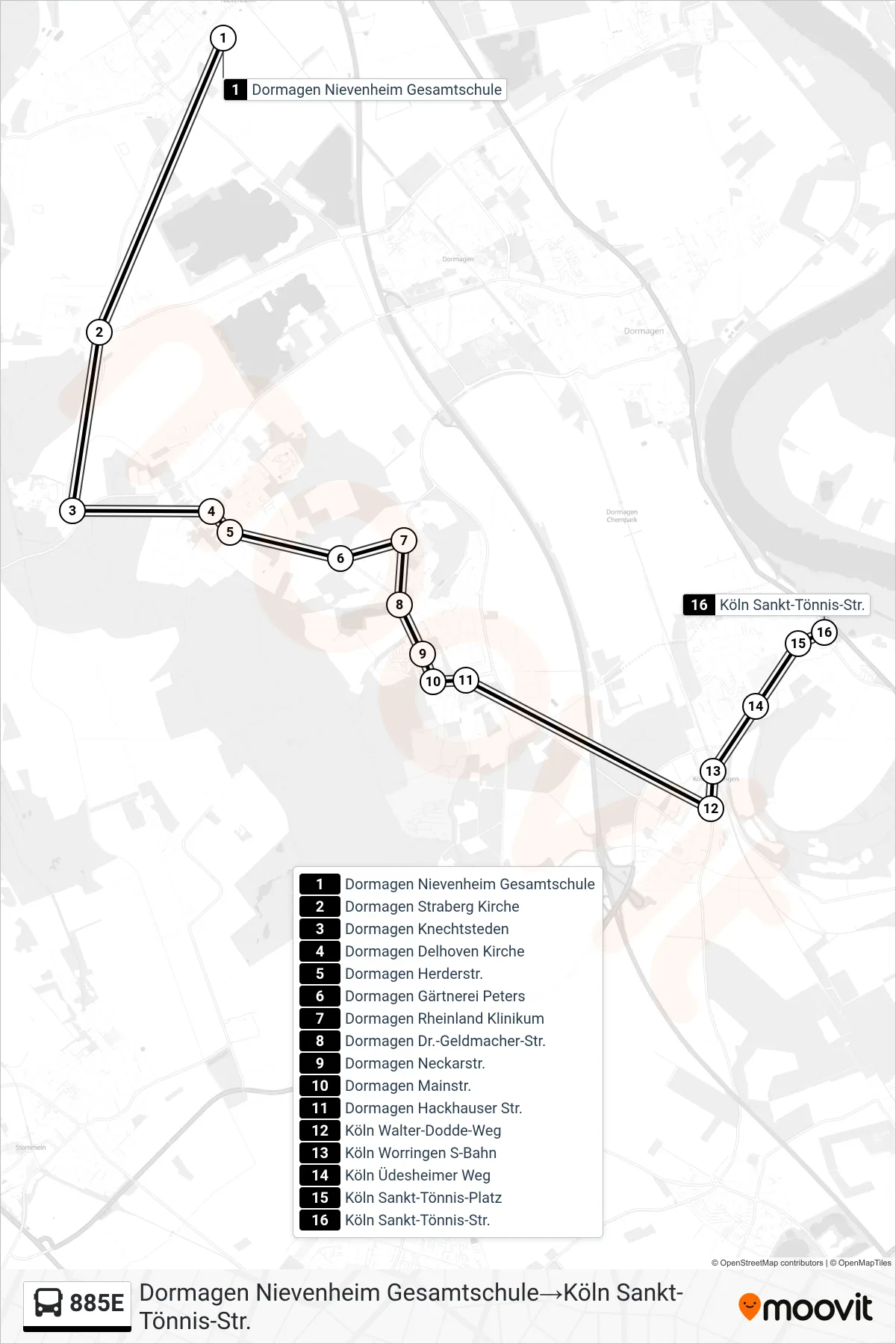 Linie 885E (Bus) Richtung Dormagen Nievenheim Gesamtschule→Köln Sankt-Tönnis-Str.: Route und Haltestellen auf der Karte