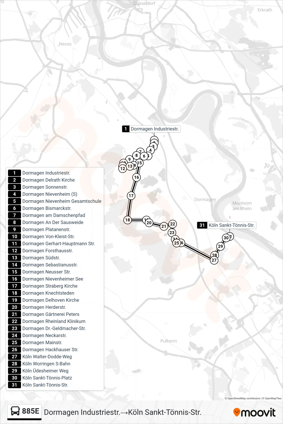 Linie 885E (Bus) Richtung Dormagen Industriestr.‎→Köln Sankt-Tönnis-Str.: Route und Haltestellen auf der Karte
