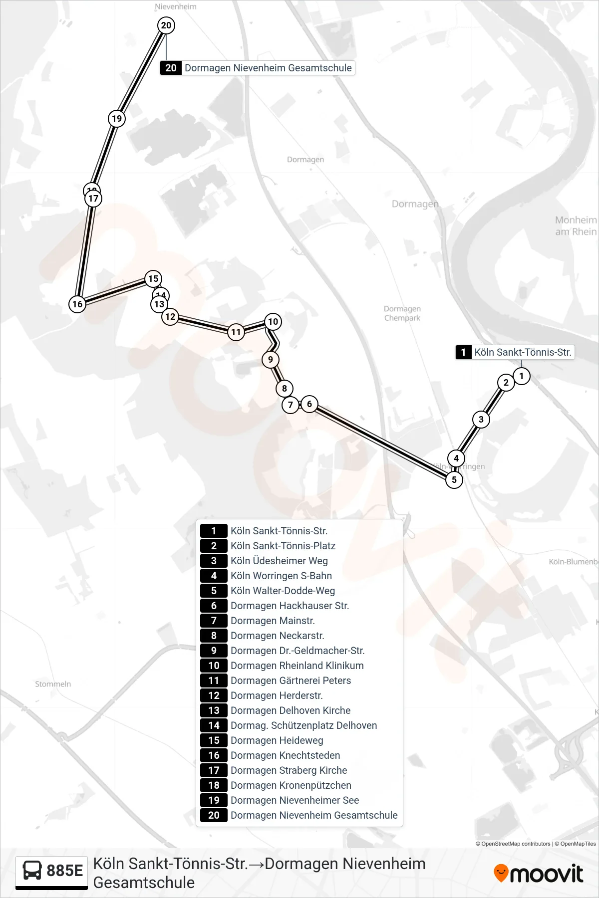 Linie 885E (Bus) Richtung Köln Sankt-Tönnis-Str.→Dormagen Nievenheim Gesamtschule: Route und Haltestellen auf der Karte
