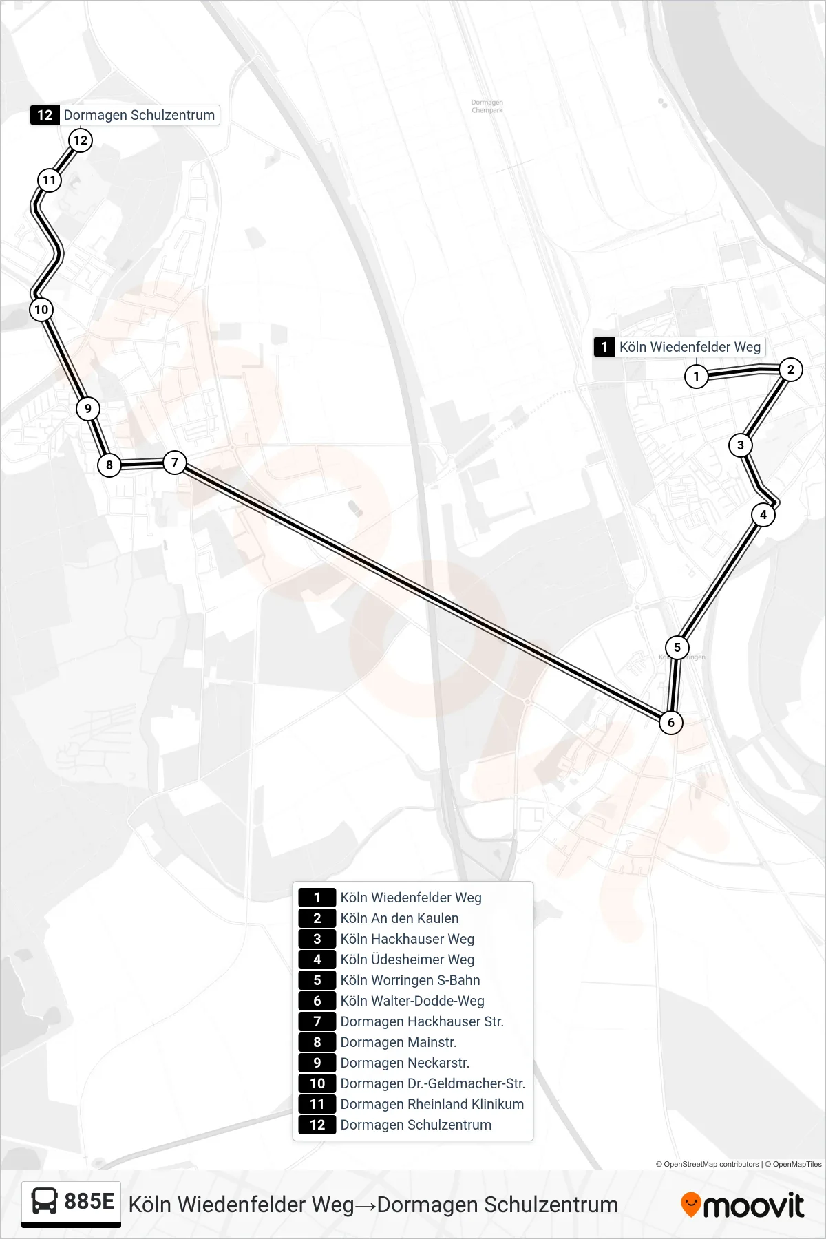885E bus Line (Köln Wiedenfelder Weg→Dormagen Schulzentrum) route and stops on a map