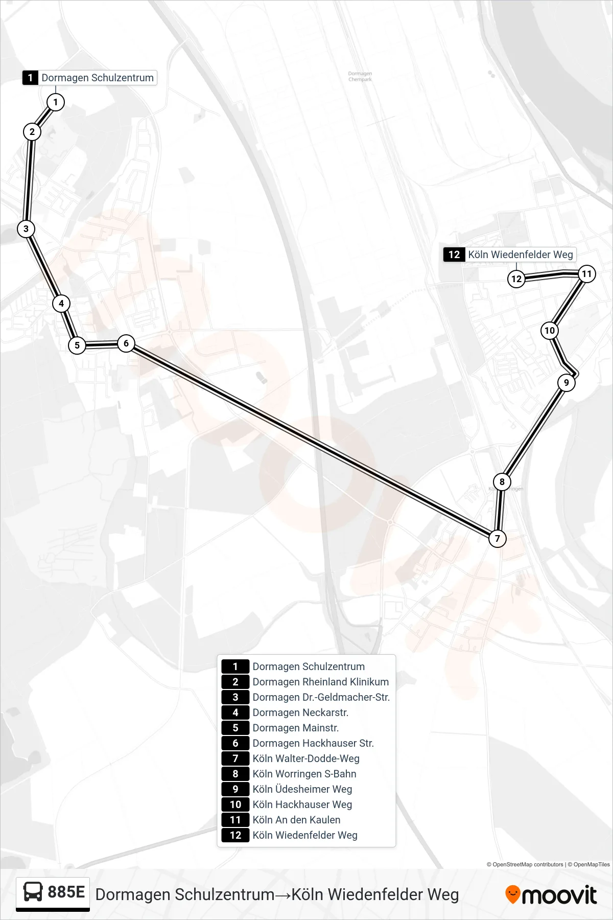 Linie 885E (Bus) Richtung Dormagen Schulzentrum→Köln Wiedenfelder Weg: Route und Haltestellen auf der Karte