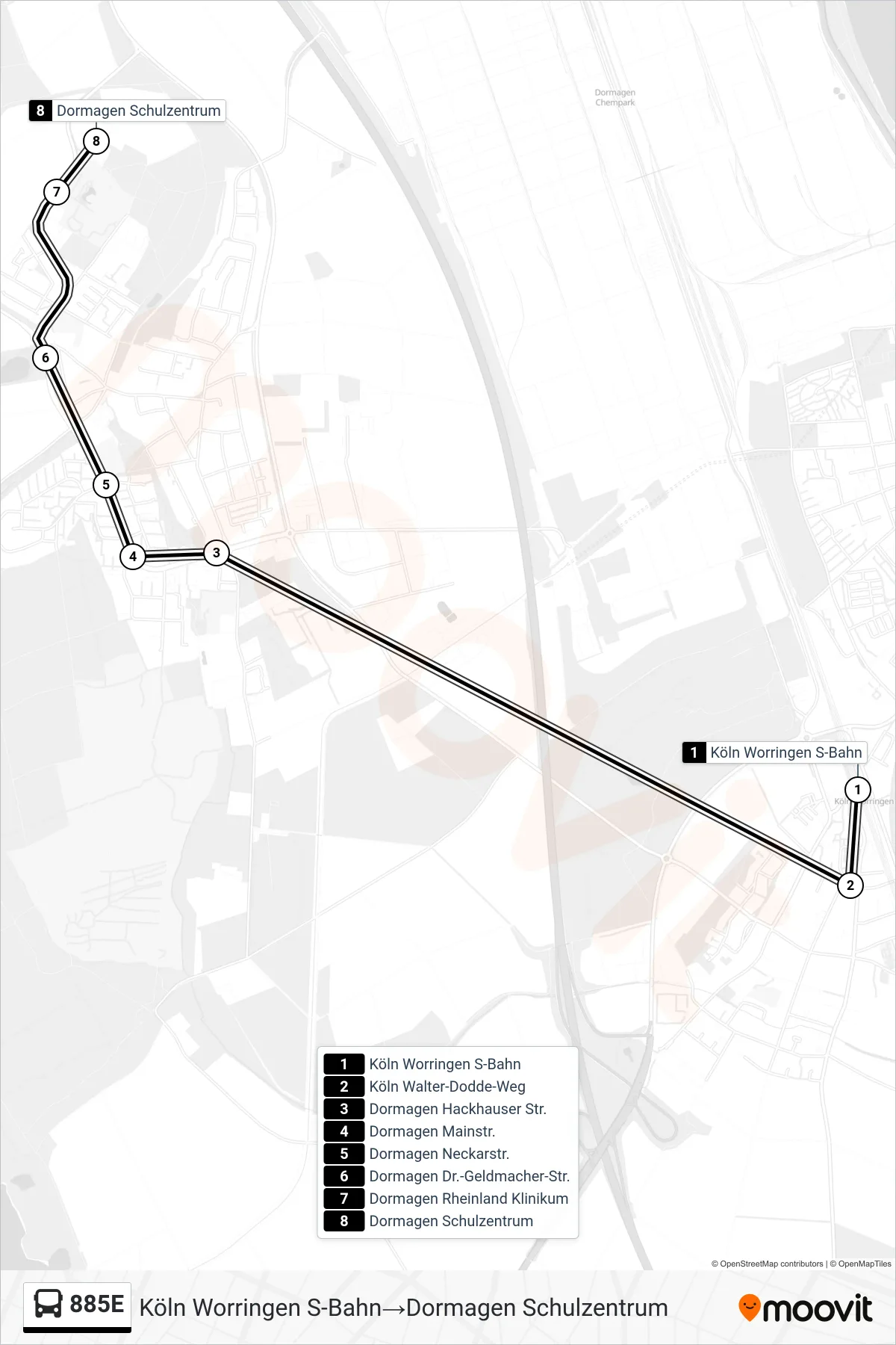Linie 885E (Bus) Richtung Köln Worringen S-Bahn‎→Dormagen Schulzentrum: Route und Haltestellen auf der Karte