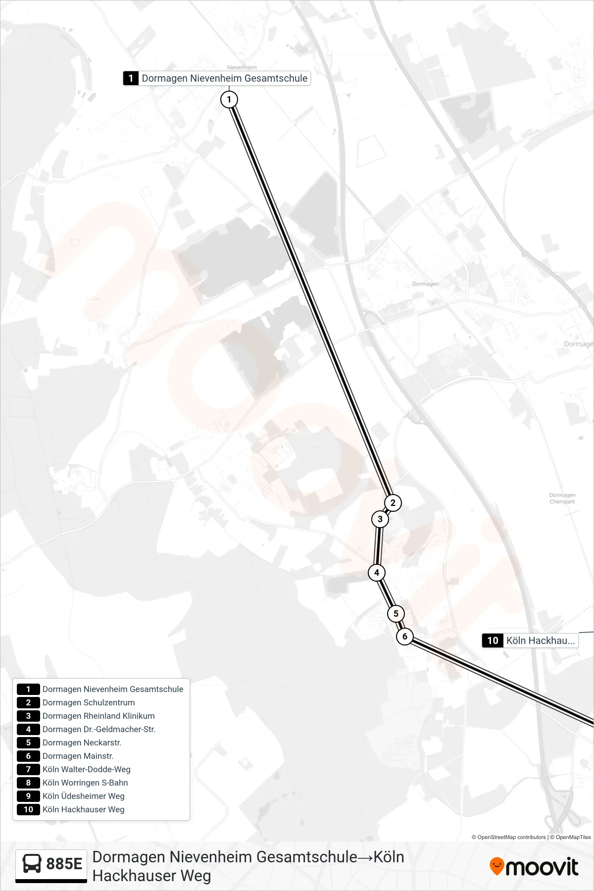 Linie 885E (Bus) Richtung Dormagen Nievenheim Gesamtschule‎→Köln Hackhauser Weg: Route und Haltestellen auf der Karte