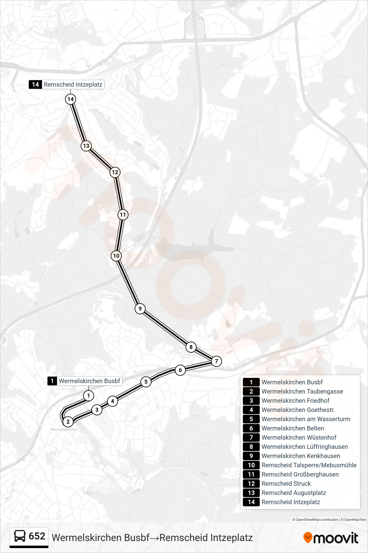 Linie 652 (Bus) Richtung Wermelskirchen Busbf‎→Remscheid Intzeplatz: Route und Haltestellen auf der Karte