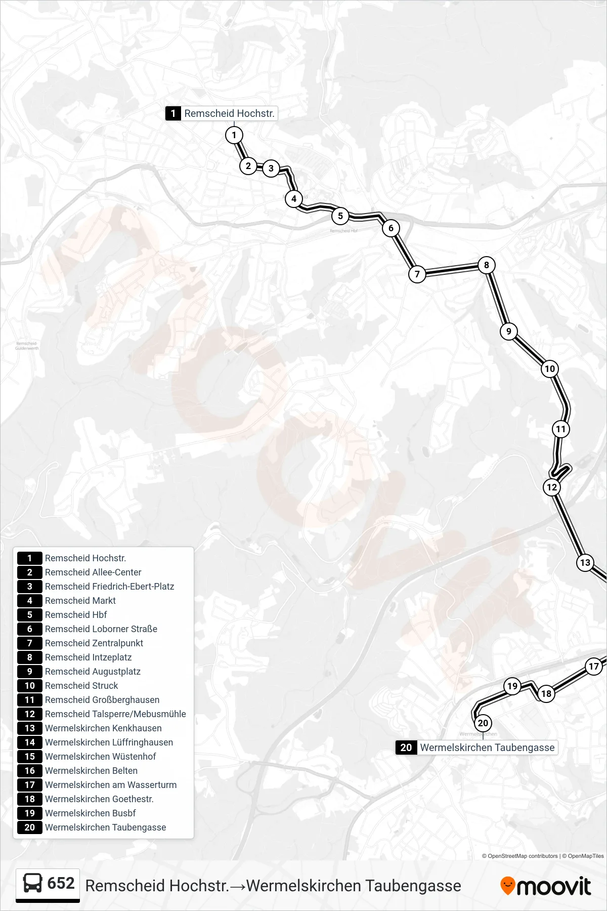 Linie 652 (Bus) Richtung Remscheid Hochstr.→Wermelskirchen Taubengasse: Route und Haltestellen auf der Karte