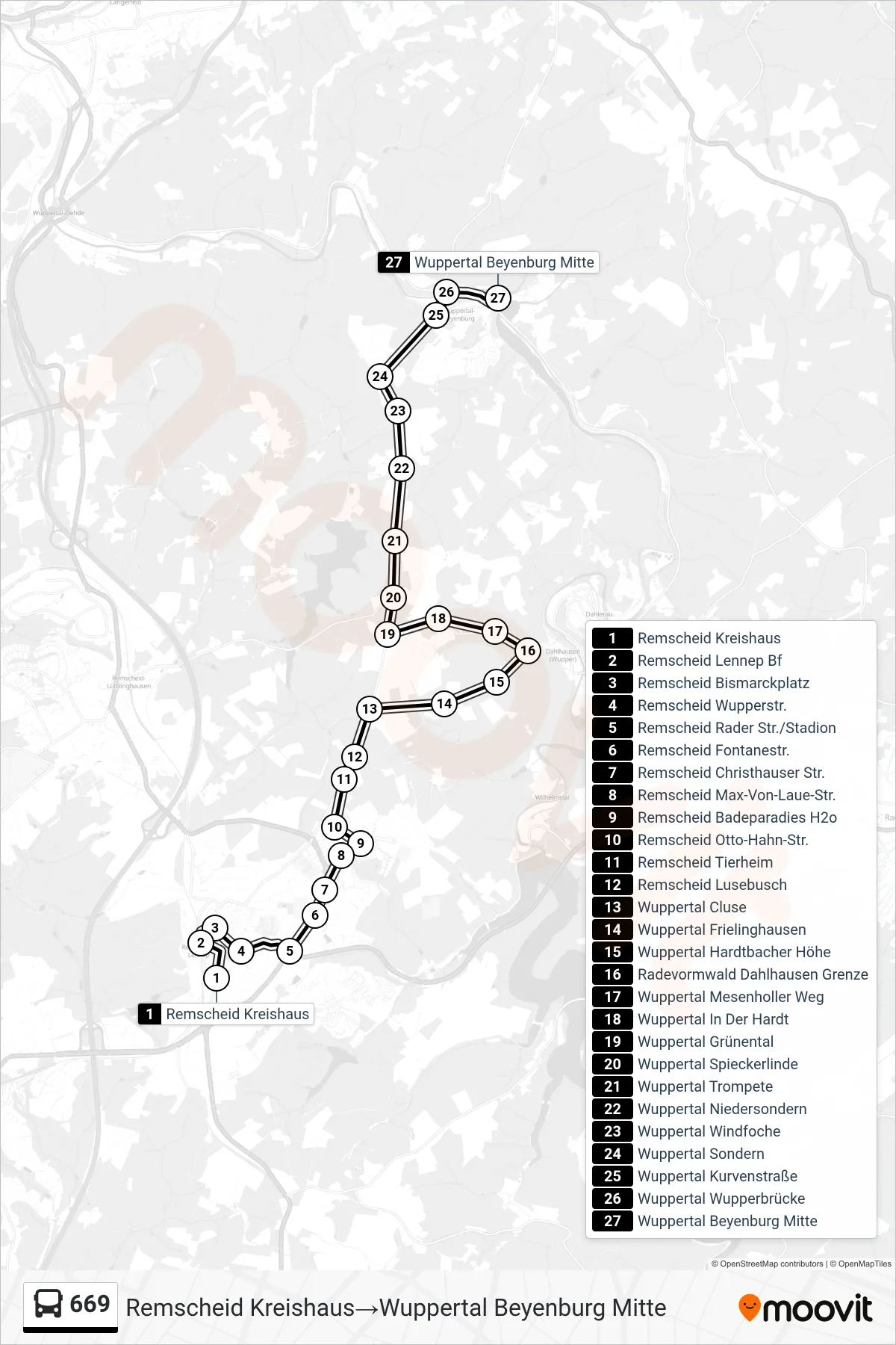 Linie 669 (Bus) Richtung Remscheid Kreishaus‎→Wuppertal Beyenburg Mitte: Route und Haltestellen auf der Karte