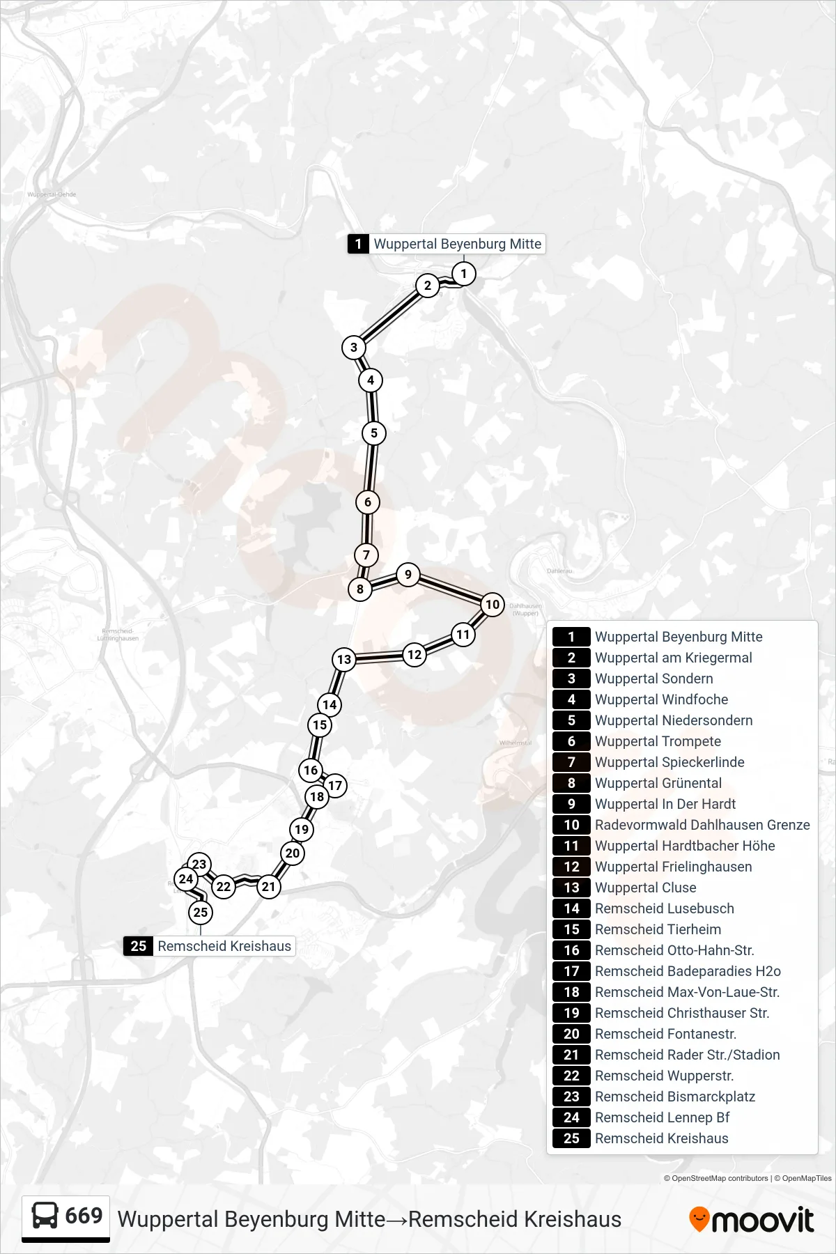 Linie 669 (Bus) Richtung Wuppertal Beyenburg Mitte‎→Remscheid Kreishaus: Route und Haltestellen auf der Karte