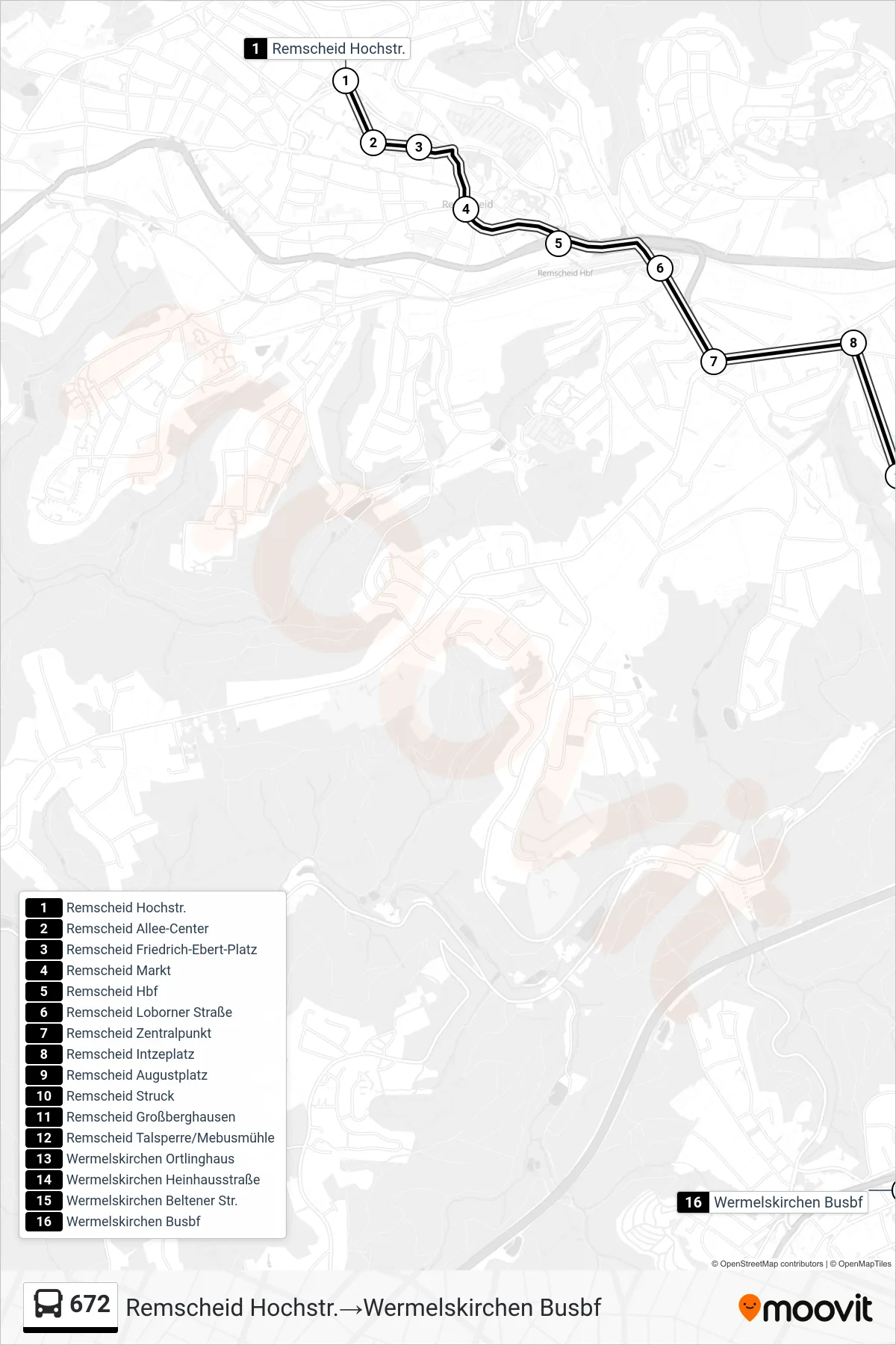 672 bus Line (Remscheid Hochstr.‎→Wermelskirchen Busbf) route and stops on a map