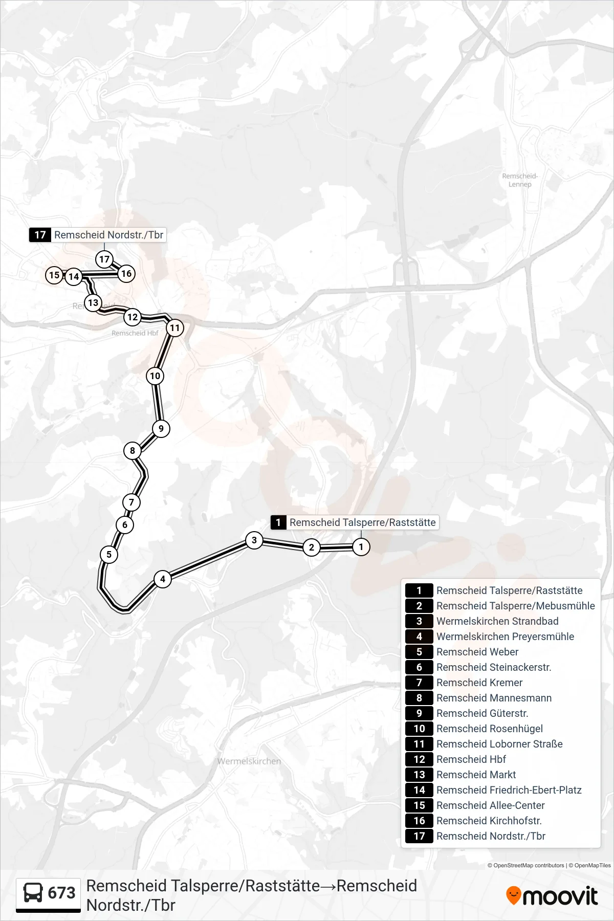 Linie 673 (Bus) Richtung Remscheid Talsperre/Raststätte→Remscheid Nordstr./Tbr: Route und Haltestellen auf der Karte