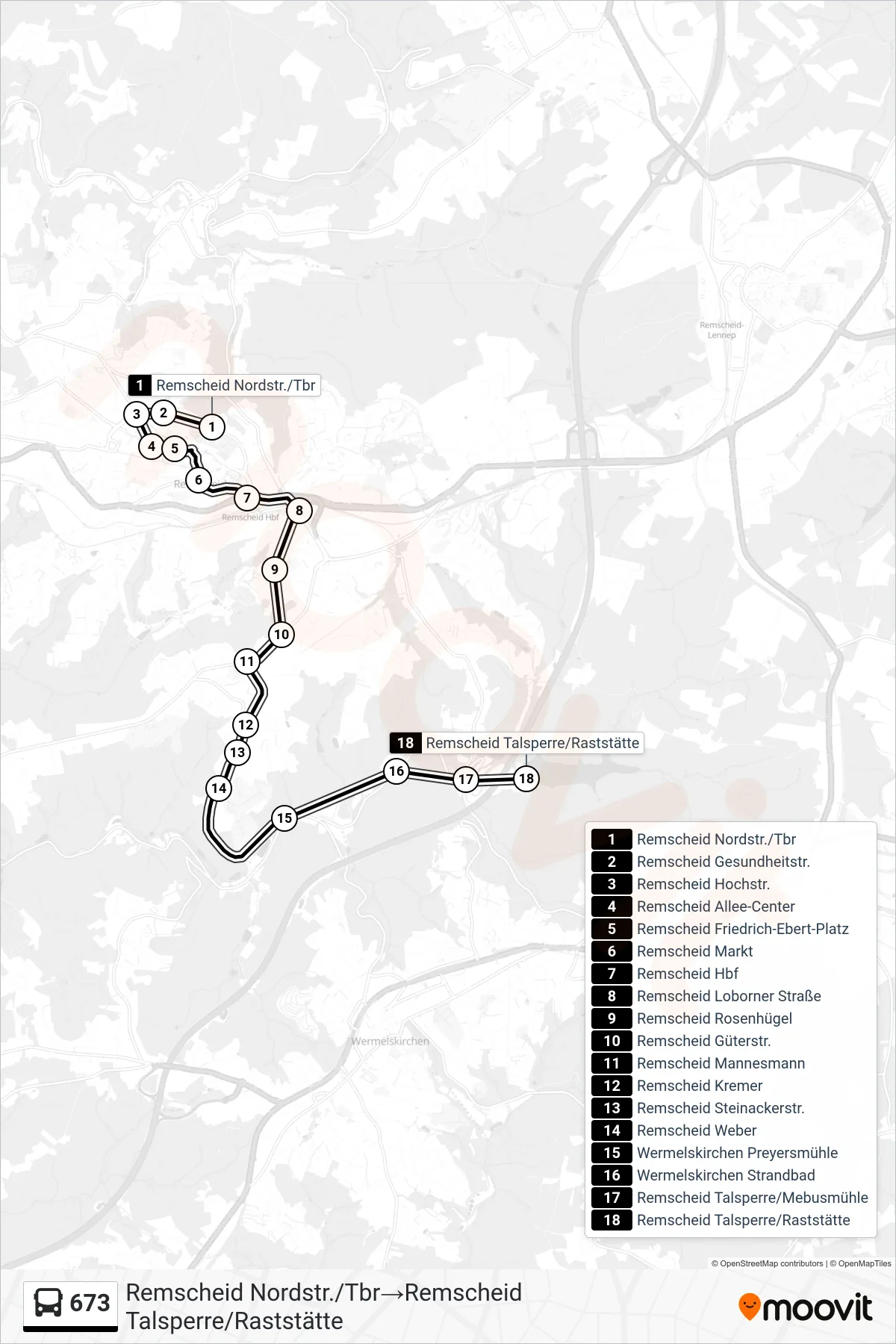 Linie 673 (Bus) Richtung Remscheid Nordstr./Tbr‎→Remscheid Talsperre/Raststätte: Route und Haltestellen auf der Karte